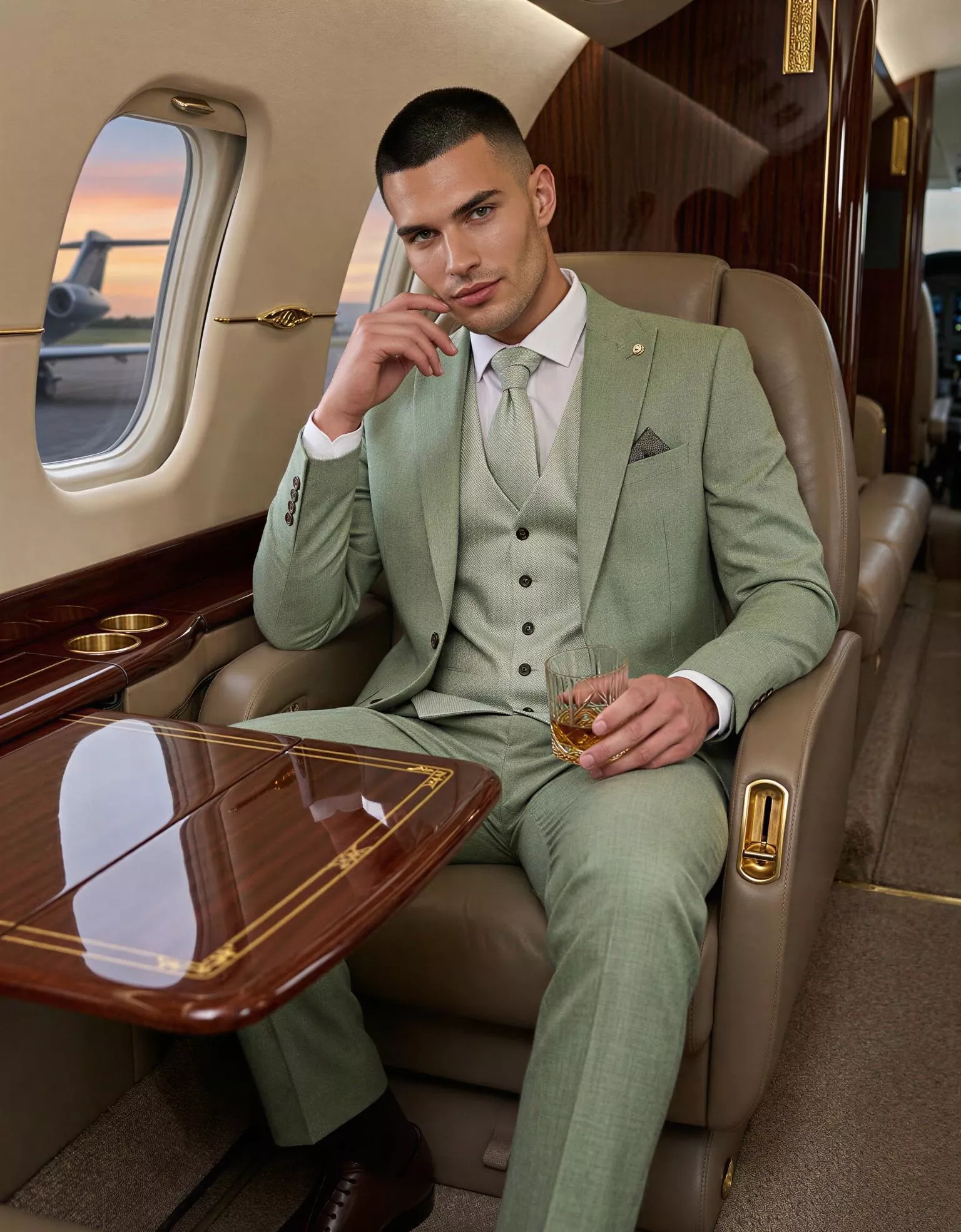 Traje de novio Magnus, pose sentado, color verde claro ,clásico, Atelier Masculini