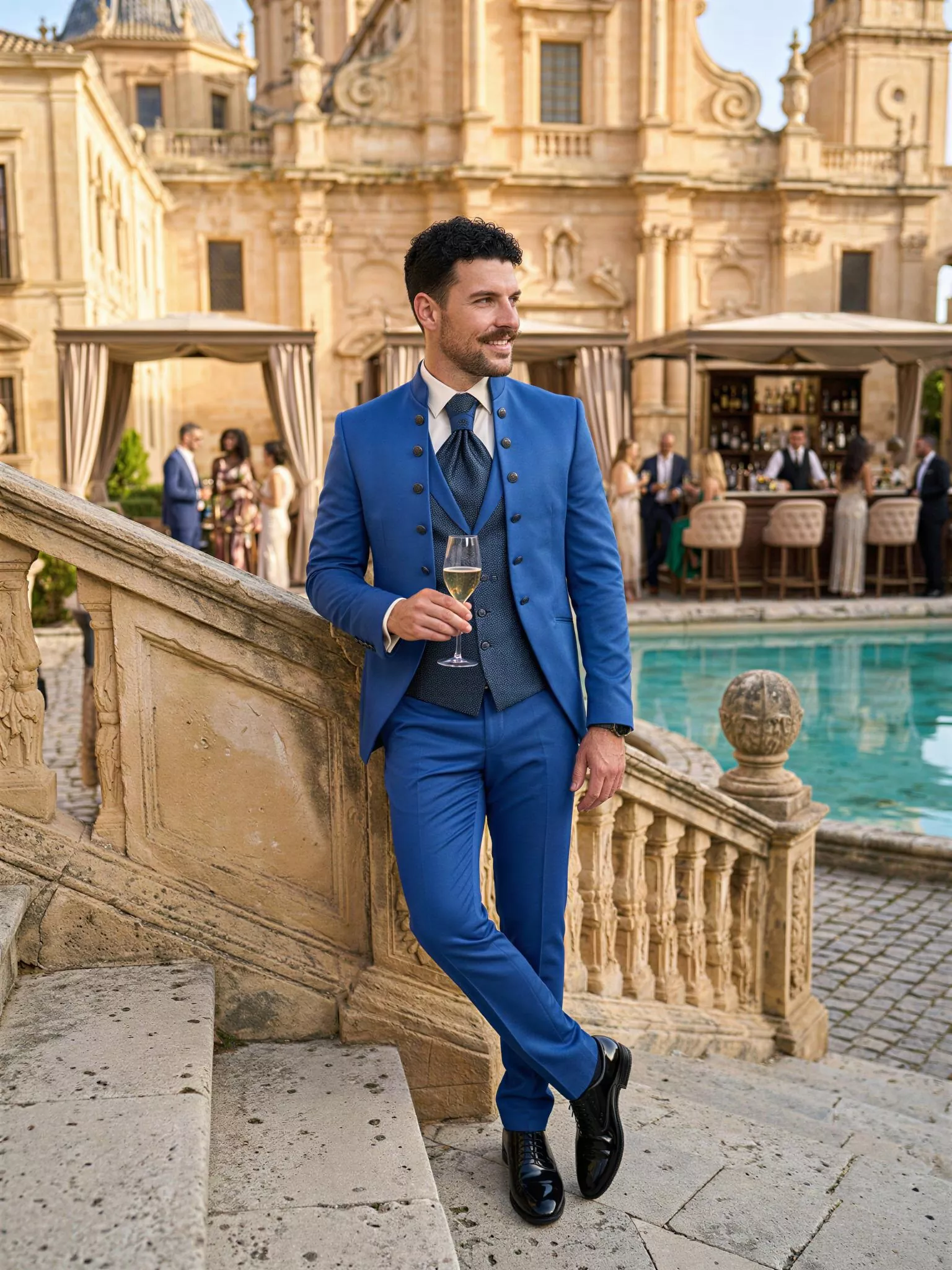 Traje de novio Menes, pose escalera, color azul, cuello mao con doble botonera, Atelier Masculini