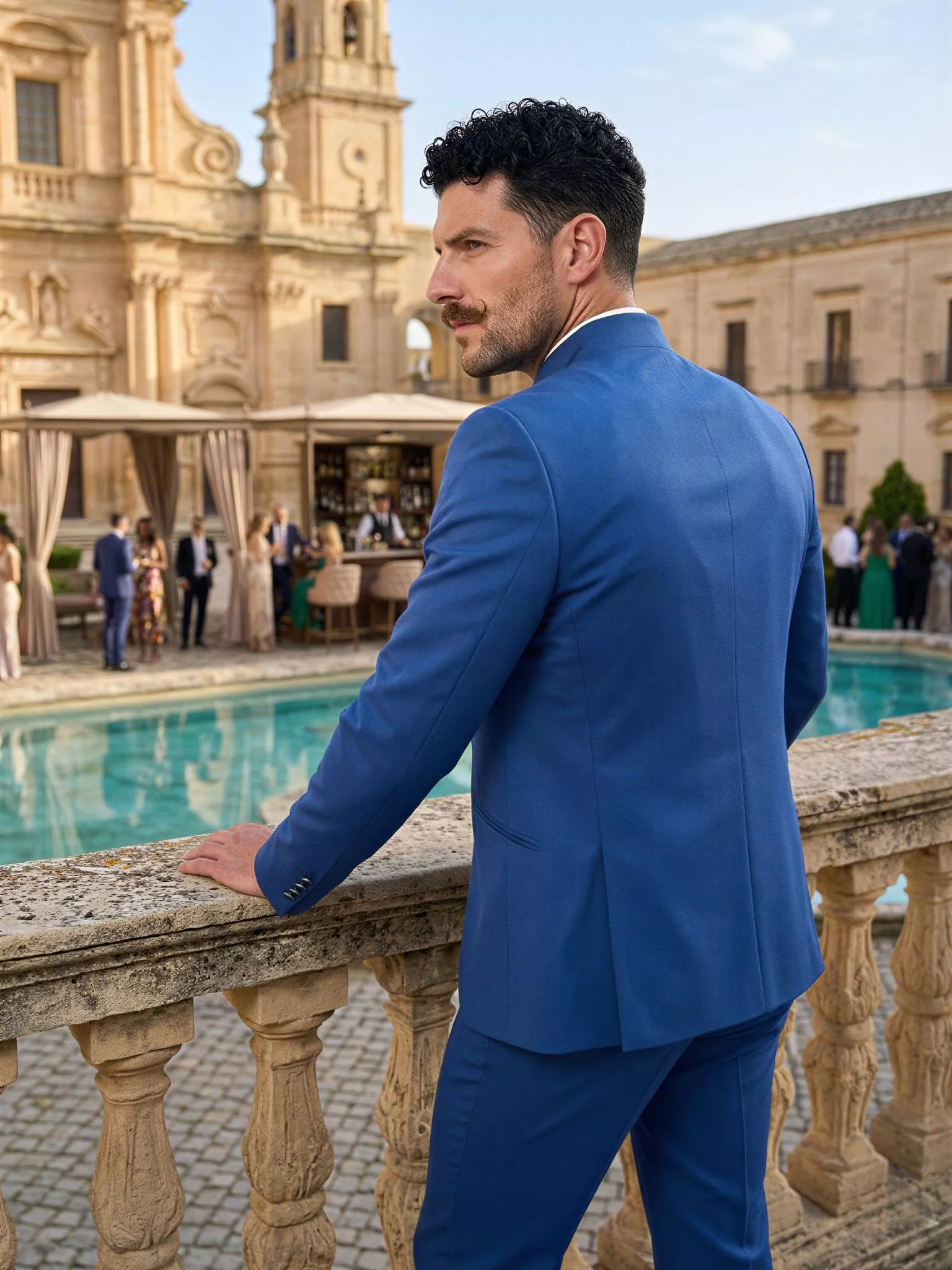 Traje de novio Menes, pose espaldas, color azul, cuello mao con doble botonera, Atelier Masculini