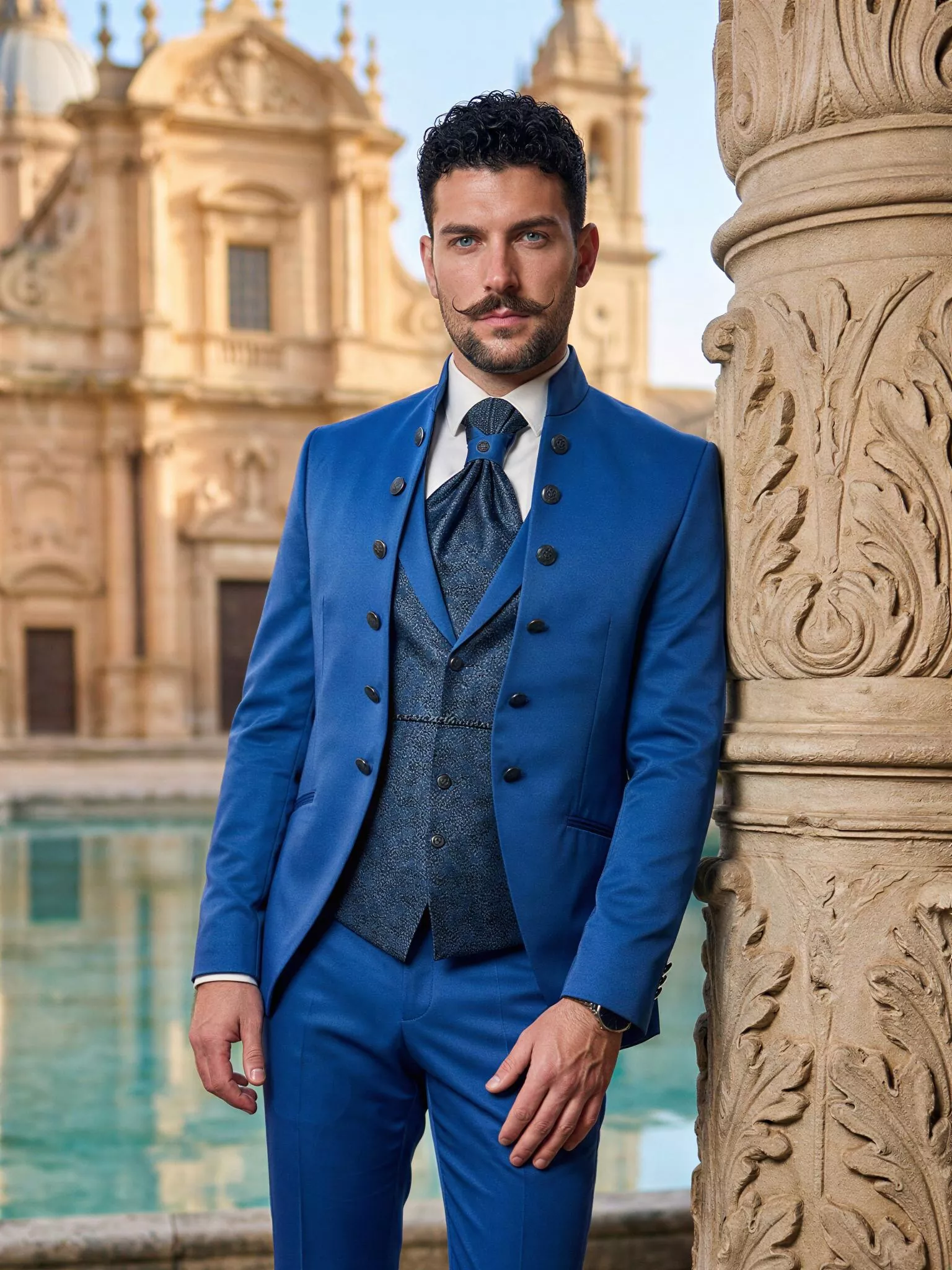 Traje de novio Menes, pose frontal, color azul, cuello mao con doble botonera, Atelier Masculini