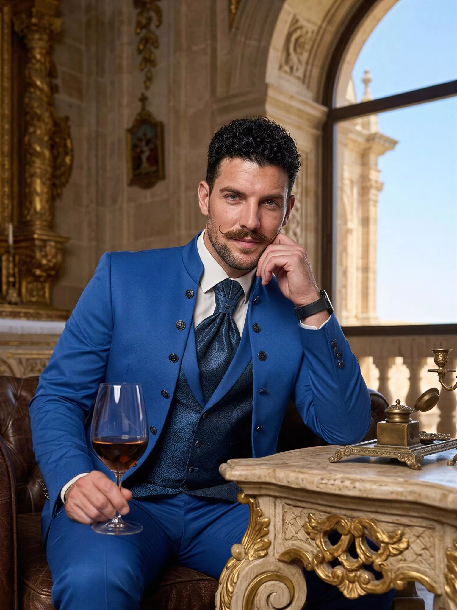 Traje de novio Menes, pose sentado, color azul, cuello mao con doble botonera, Atelier Masculini