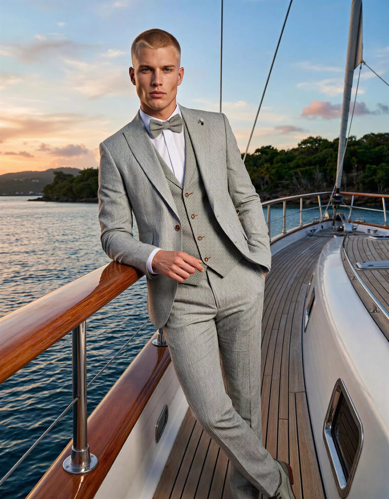 Traje de novio Mert, pose apoyado, color gris ,clasico, Atelier Masculini