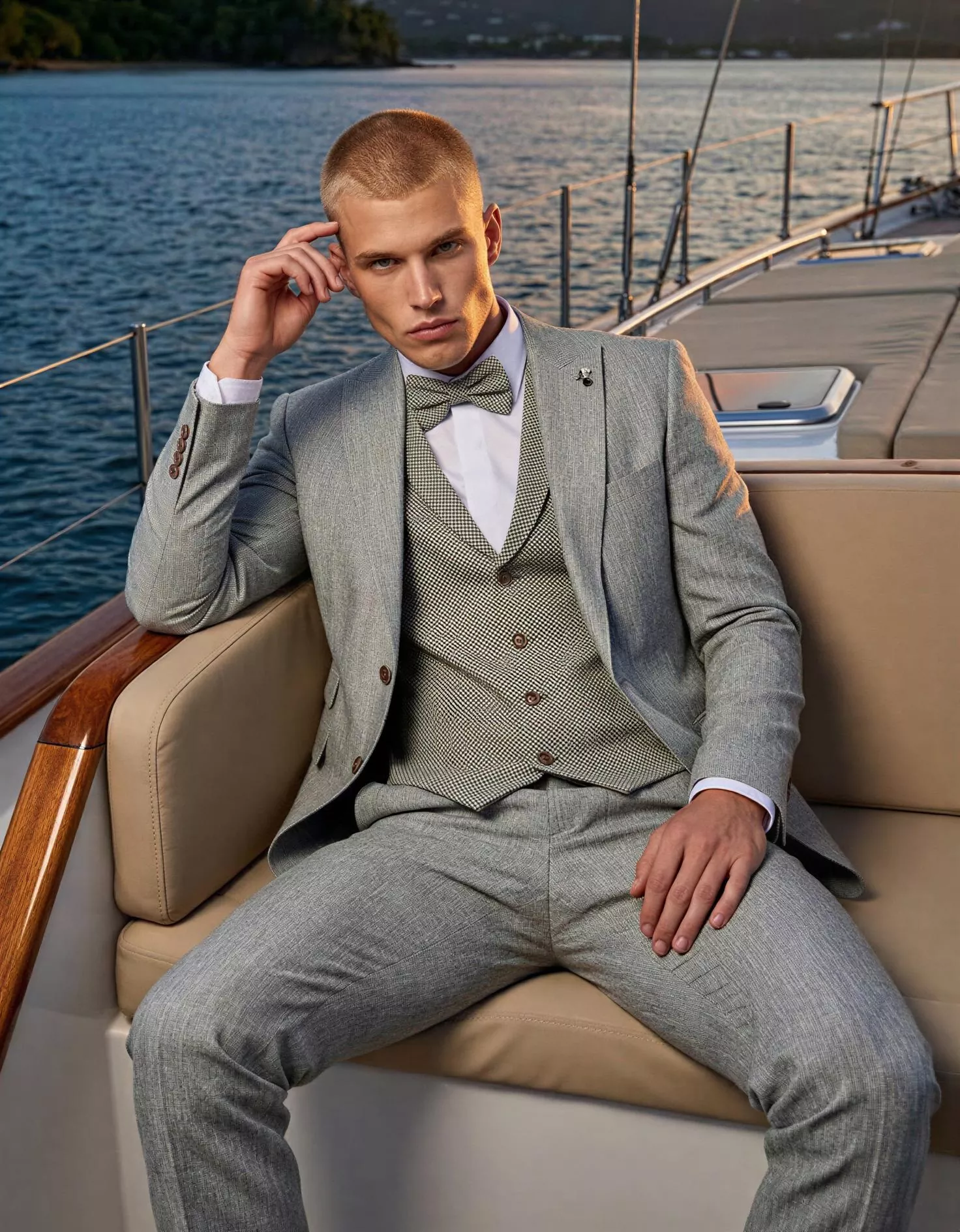 Traje de novio Mert, pose sentado, color gris ,clasico, Atelier Masculini