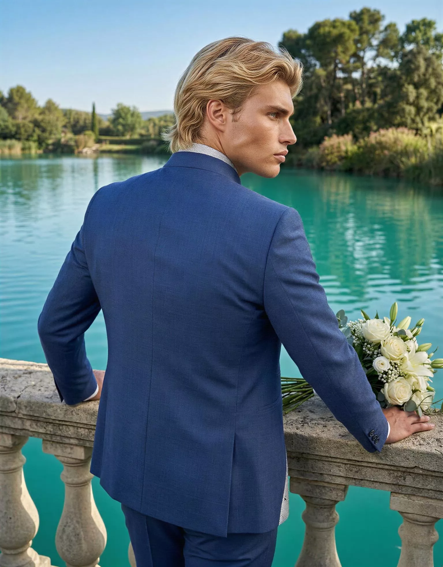 Traje de novio Mordecai, pose espaldas, color azul,cuello mao gala, Atelier Masculini