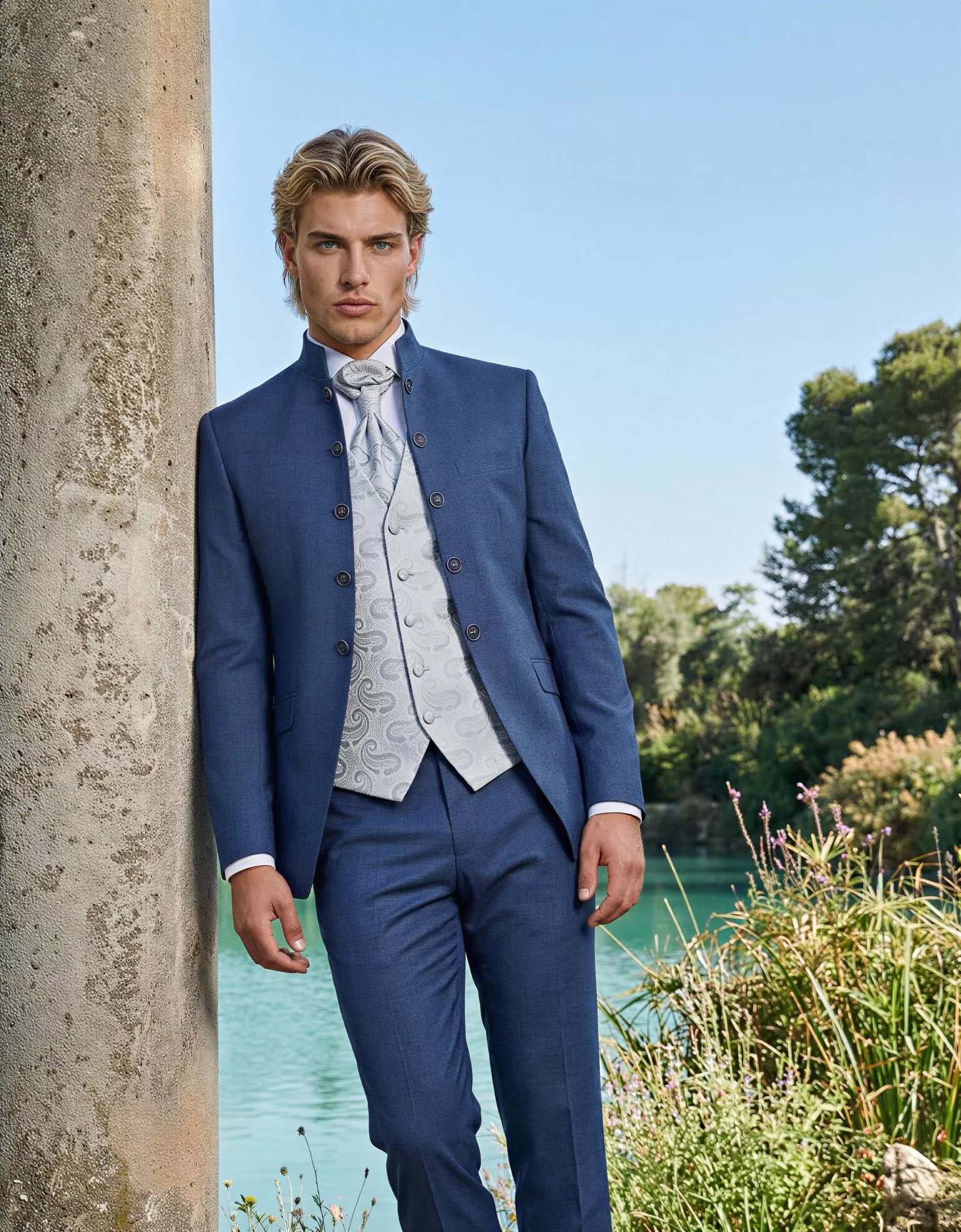 Traje de novio Mordecai, pose frontal, color azul,cuello mao gala, Atelier Masculini