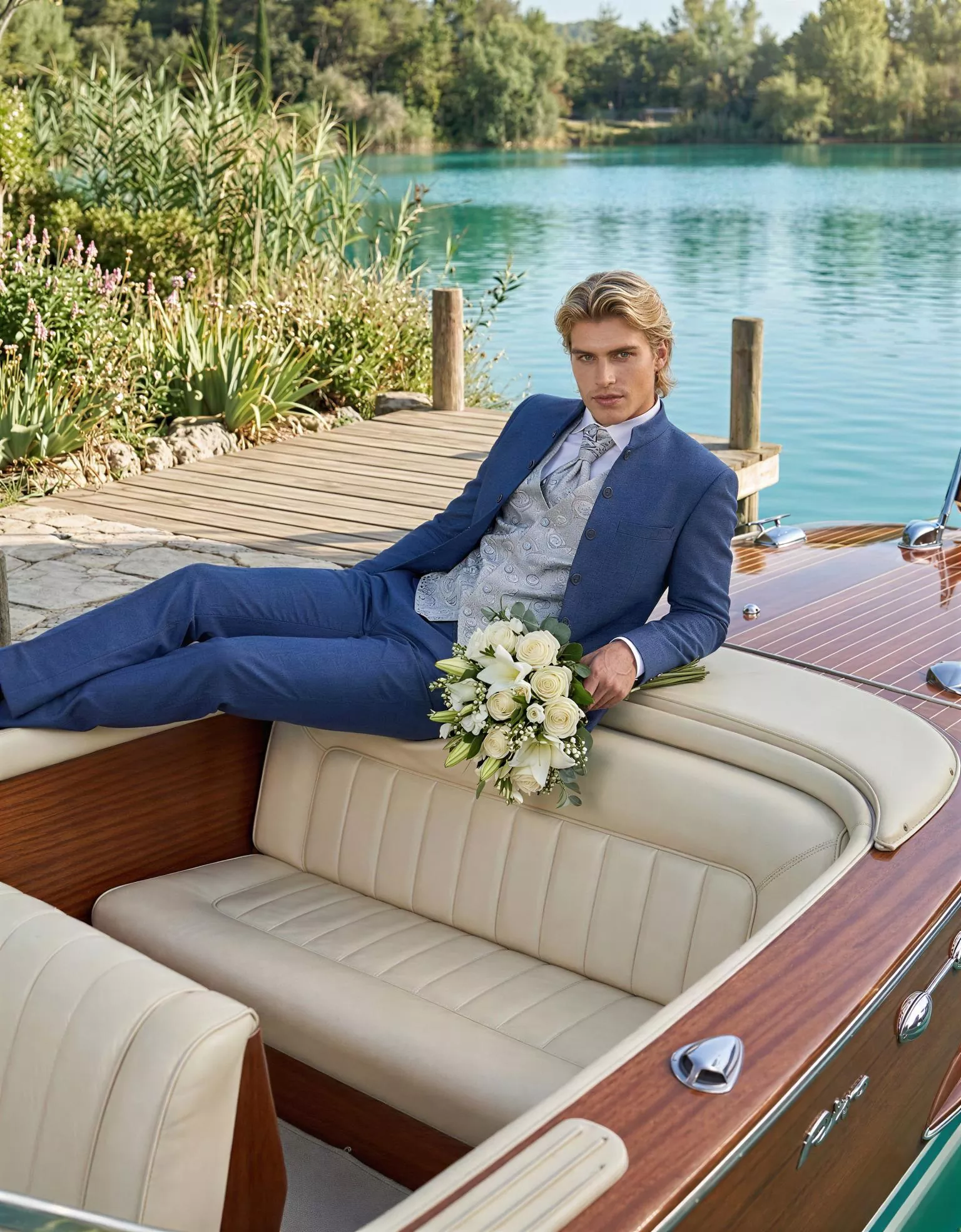 Traje de novio Mordecai, pose lancha, color azul,cuello mao gala, Atelier Masculini