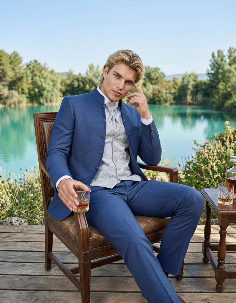 Traje de novio Mordecai, pose sentado, color azul,cuello mao gala, Atelier Masculini