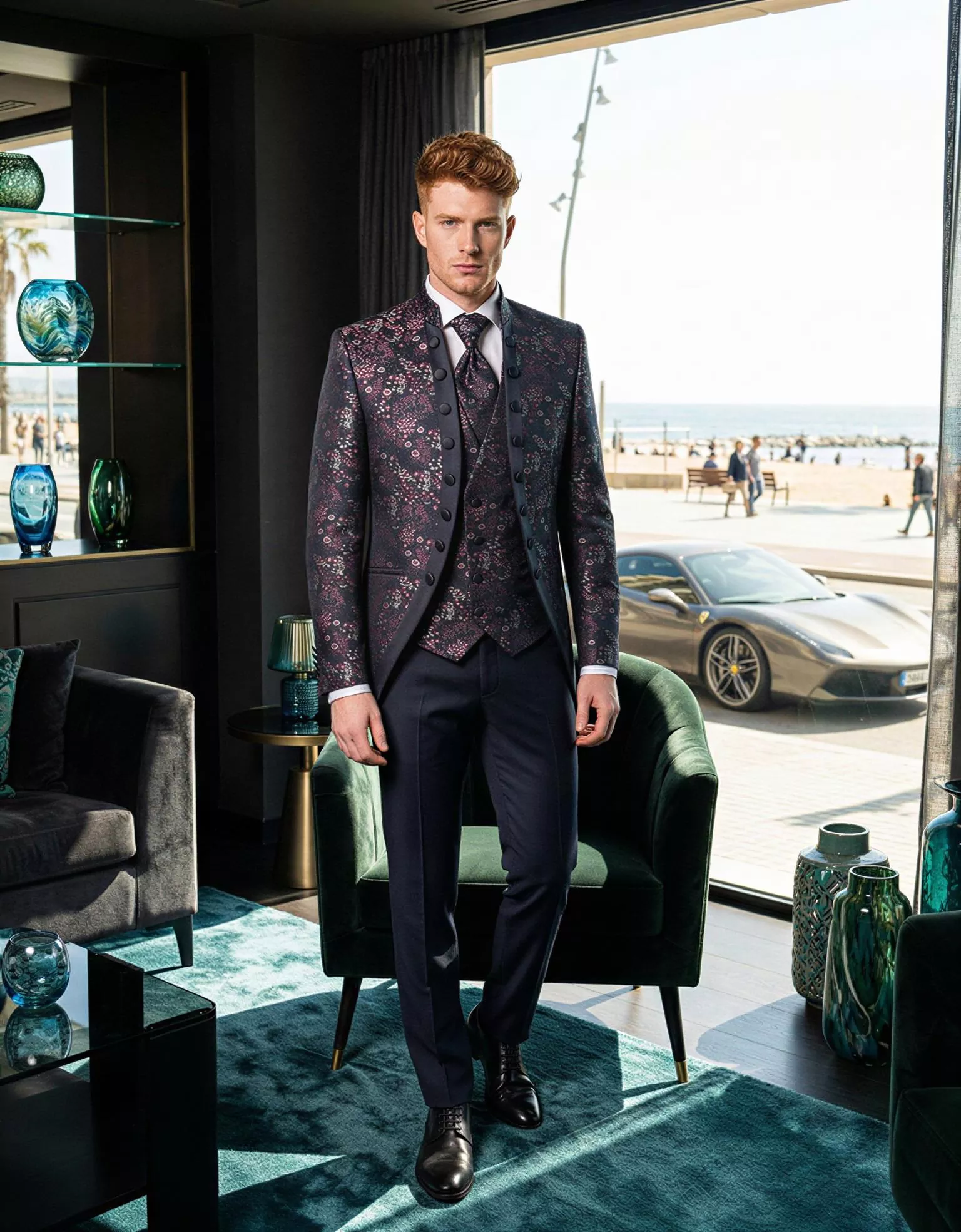 Traje de novio Narciso, pose frontal interior, cuello mao, azul marino floral,traje ceremonia, Atelier Masculini