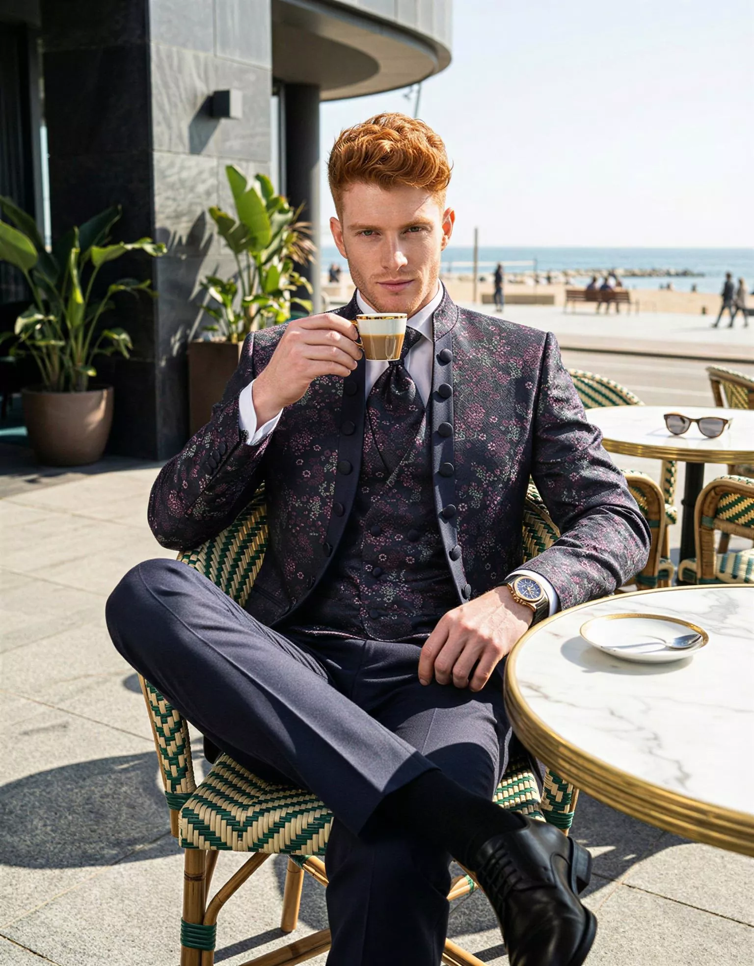 Traje de novio Narciso, pose terraza, cuello mao, azul marino floral,traje ceremonia, Atelier Masculini