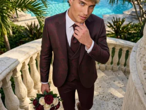 Traje de novio Nobile, pose cenital, color rojo borgoña con jacquard, esmoquin, Atelier Masculini