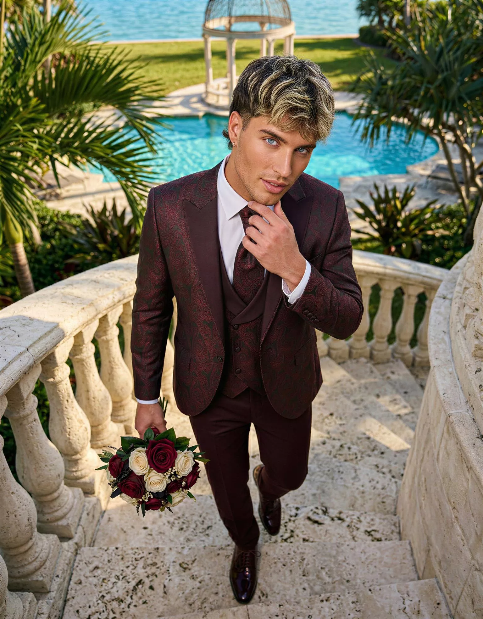 Traje de novio Nobile, pose cenital, color rojo borgoña con jacquard, esmoquin, Atelier Masculini