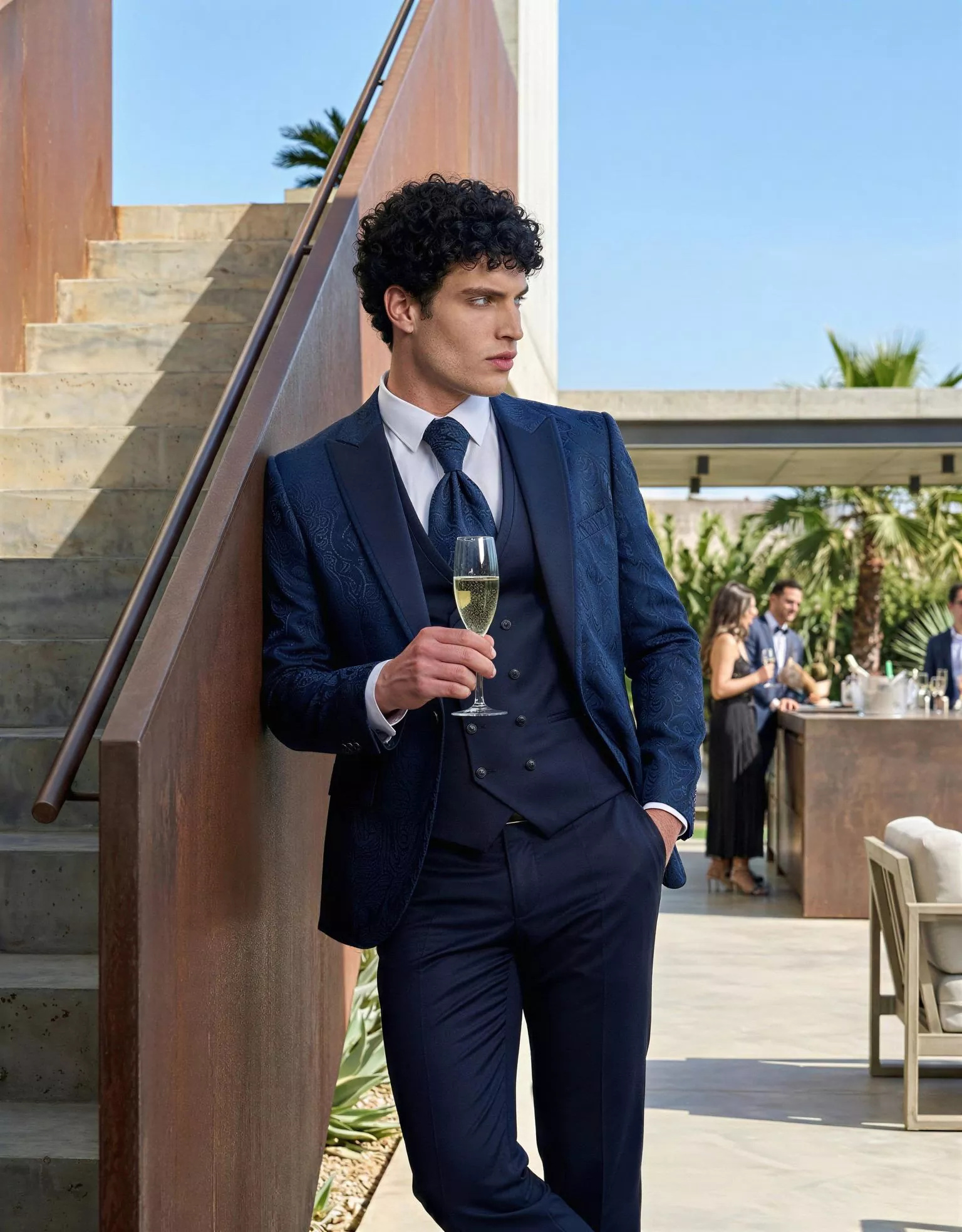 Traje de novio Nobile, pose escalera, color azul marino con jacquard, esmoquin, Atelier Masculini