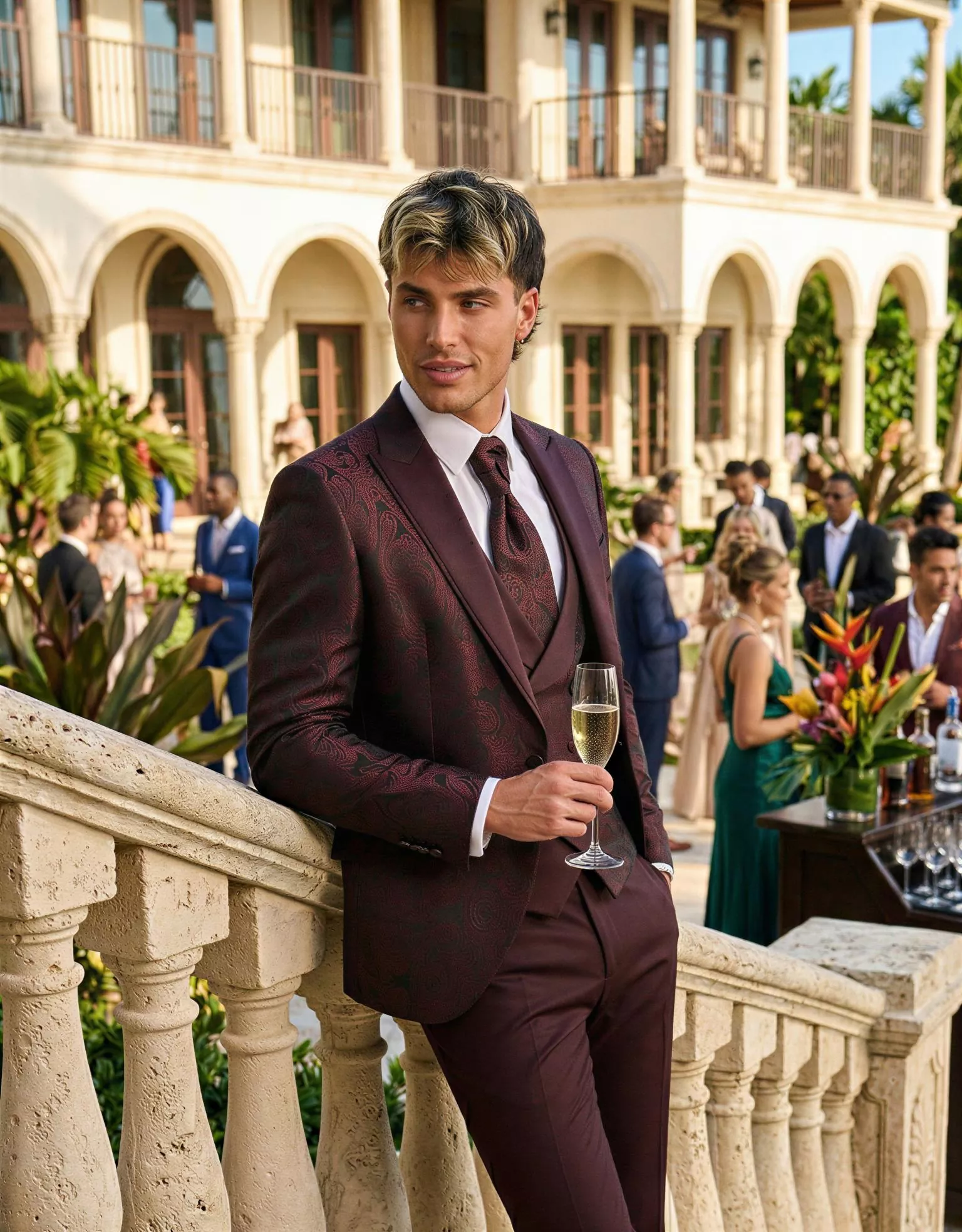 Traje de novio Nobile, pose escalera, color rojo borgoña con jacquard, esmoquin, Atelier Masculini