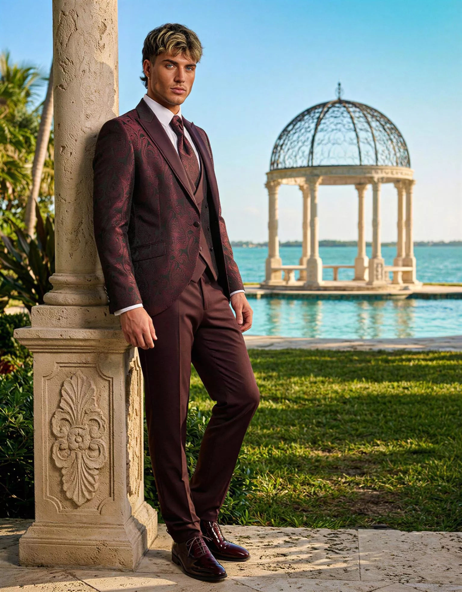 Traje de novio Nobile, pose frontal, color rojo borgoña con jacquard, esmoquin, Atelier Masculini