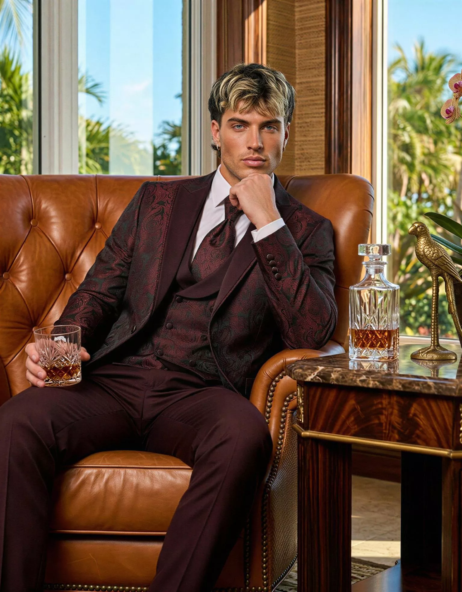 Traje de novio Nobile, pose sentado, color rojo borgoña con jacquard, esmoquin, Atelier Masculini