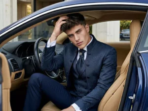 Traje de novio Ocaso, pose coche, cuello mao, azul,traje ceremonia marino, Atelier Masculini