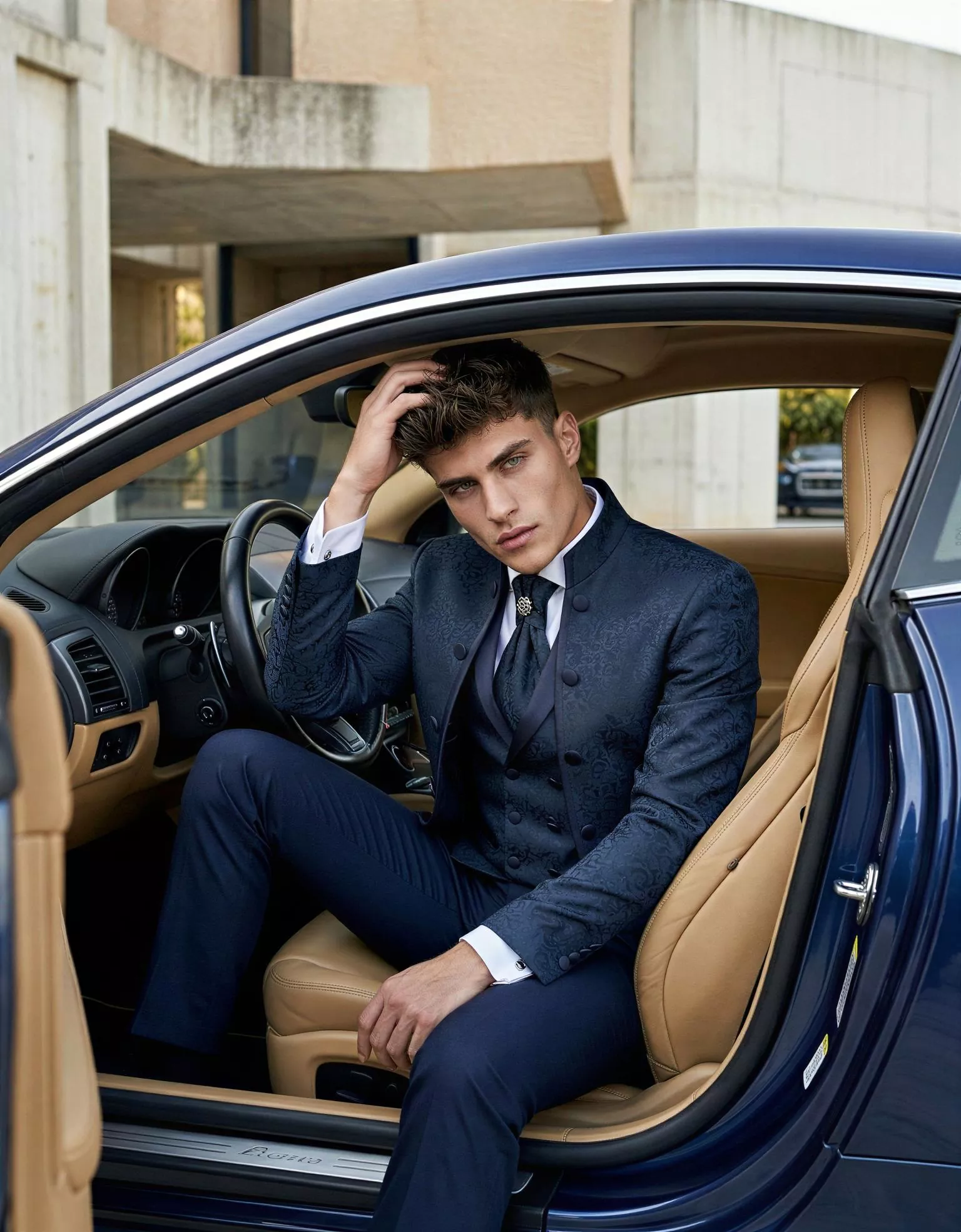 Traje de novio Ocaso, pose coche, cuello mao, azul,traje ceremonia marino, Atelier Masculini