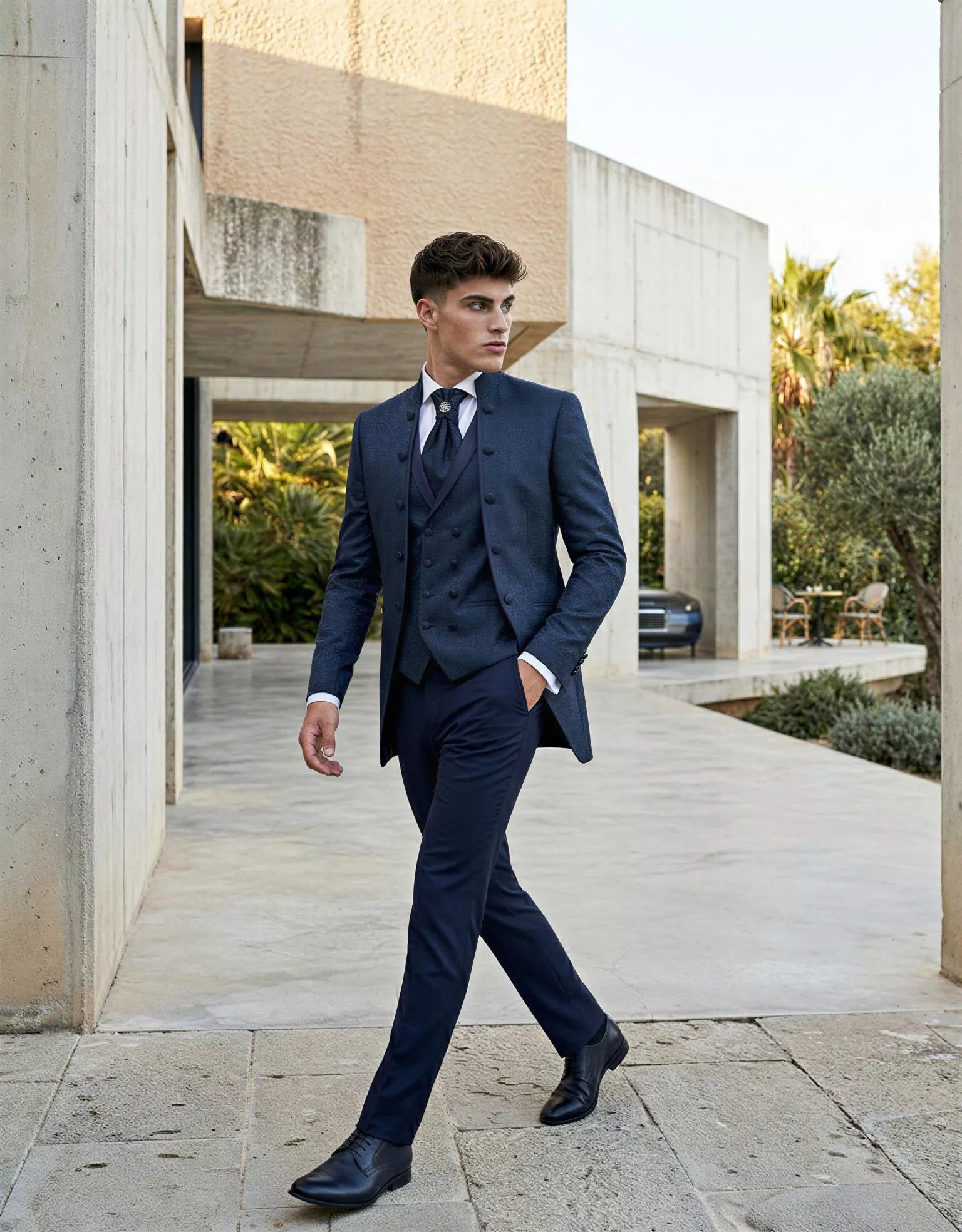 Traje de novio Ocaso, pose frontal, cuello mao, azul,traje ceremonia marino, Atelier Masculini