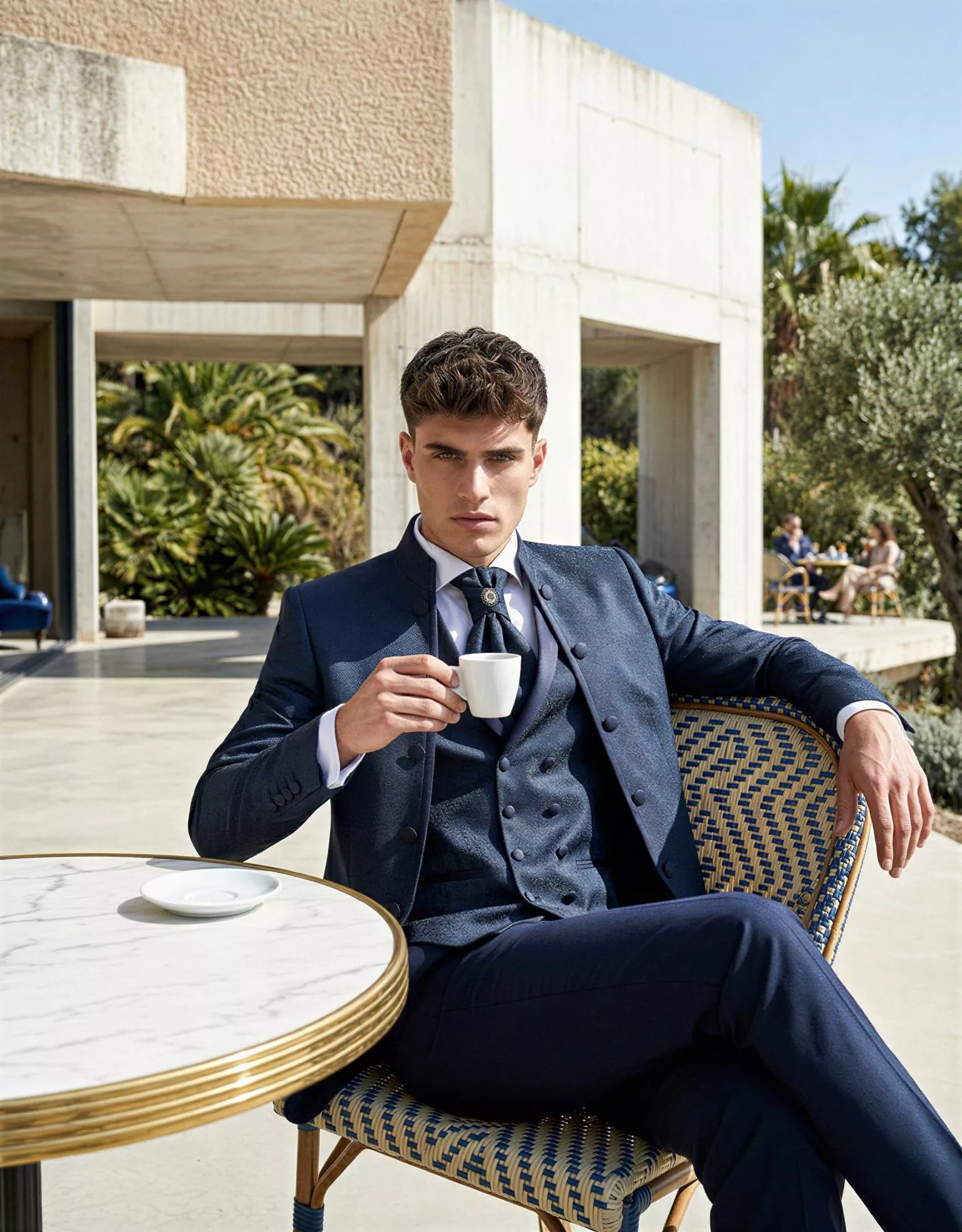 Traje de novio Ocaso, pose terraza, cuello mao, azul,traje ceremonia marino, Atelier Masculini