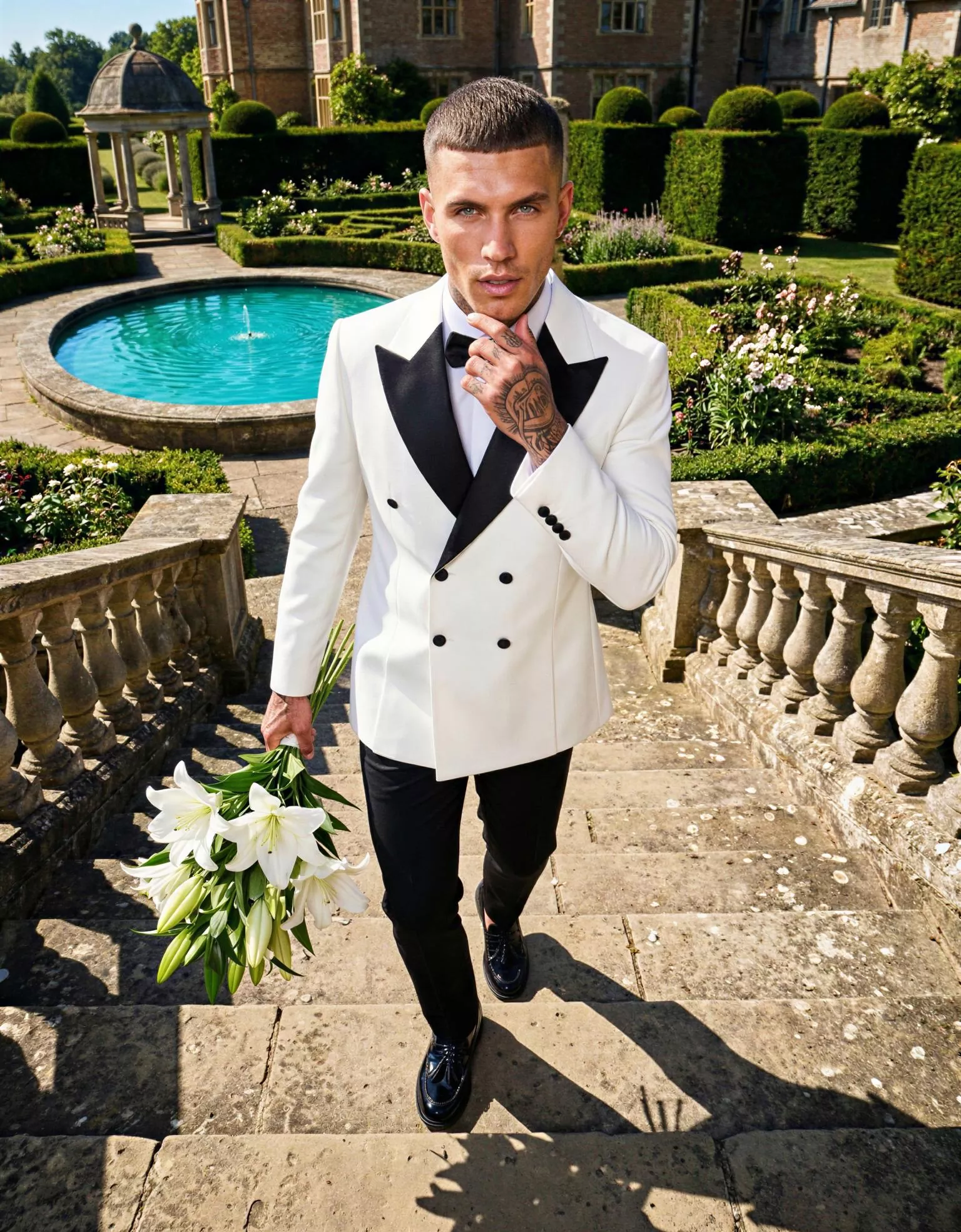 Traje de novio Olivano, pose cenital, color blanco marfil , esmoquin de ceremonia cruzado, Atelier Masculini