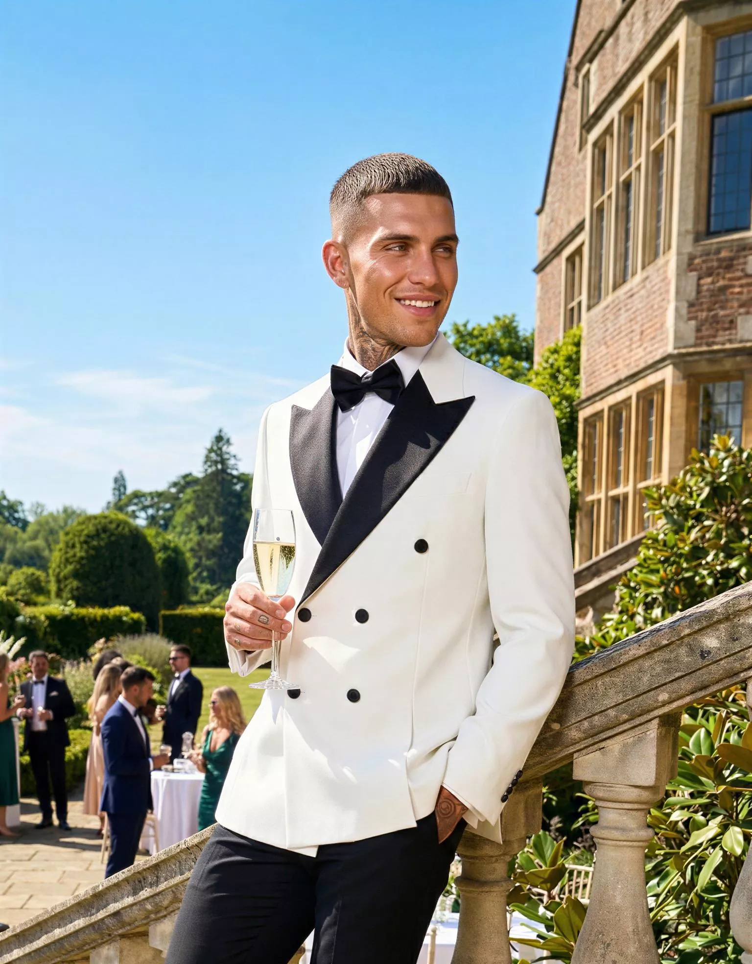 Traje de novio Olivano, pose escalera, color blanco marfil , esmoquin de ceremonia cruzado, Atelier Masculini