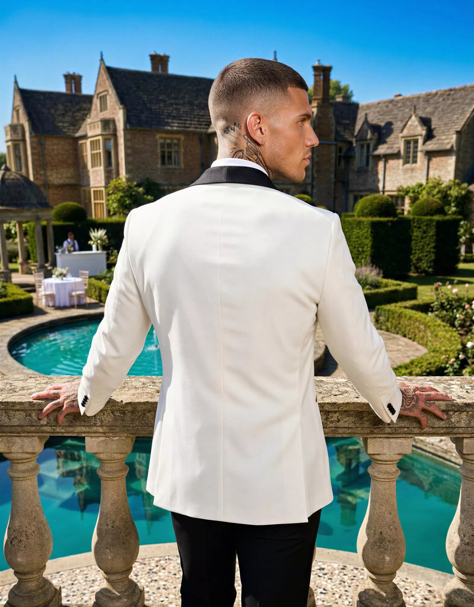 Traje de novio Olivano, pose espaldas, color blanco marfil , esmoquin de ceremonia cruzado, Atelier Masculini