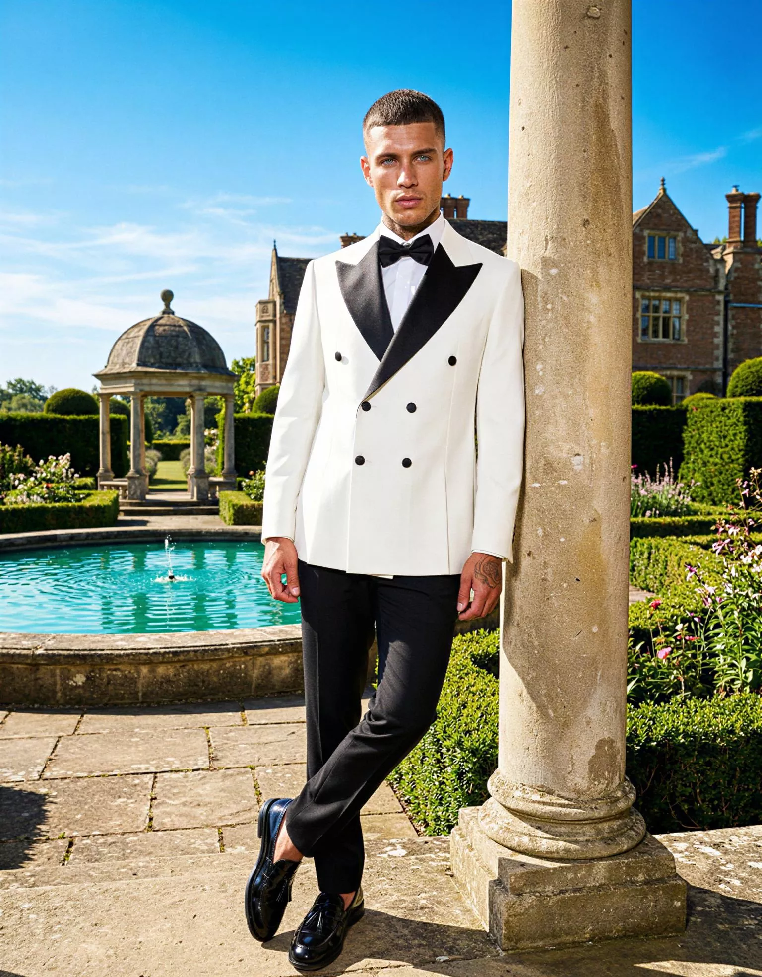 Traje de novio Olivano, pose frontal, color blanco marfil , esmoquin de ceremonia cruzado, Atelier Masculini