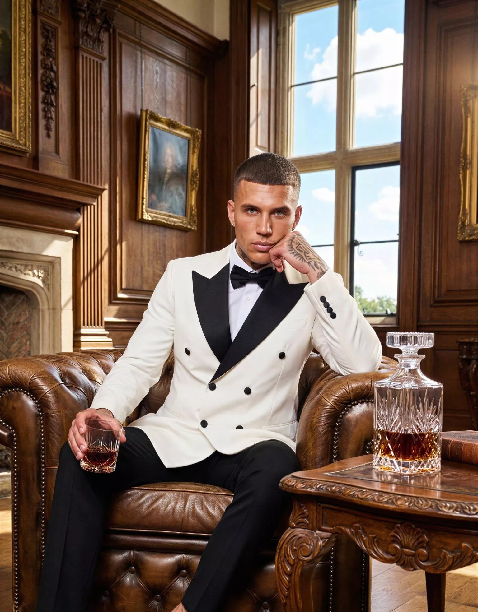 Traje de novio Olivano, pose sentado, color blanco marfil , esmoquin de ceremonia cruzado, Atelier Masculini