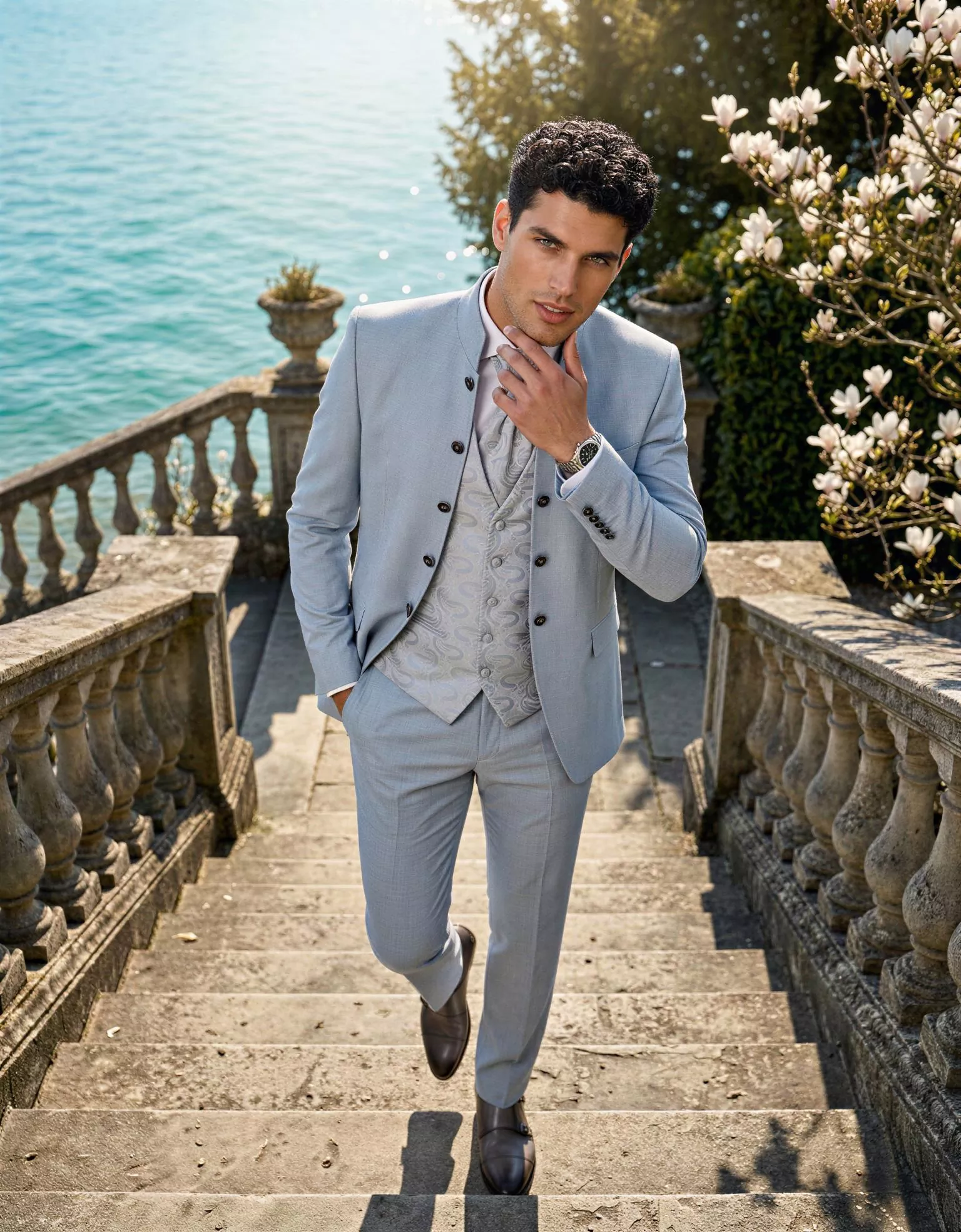 Traje de novio Percival, pose cenital, color azul celeste ,cuello mao, Atelier Masculini