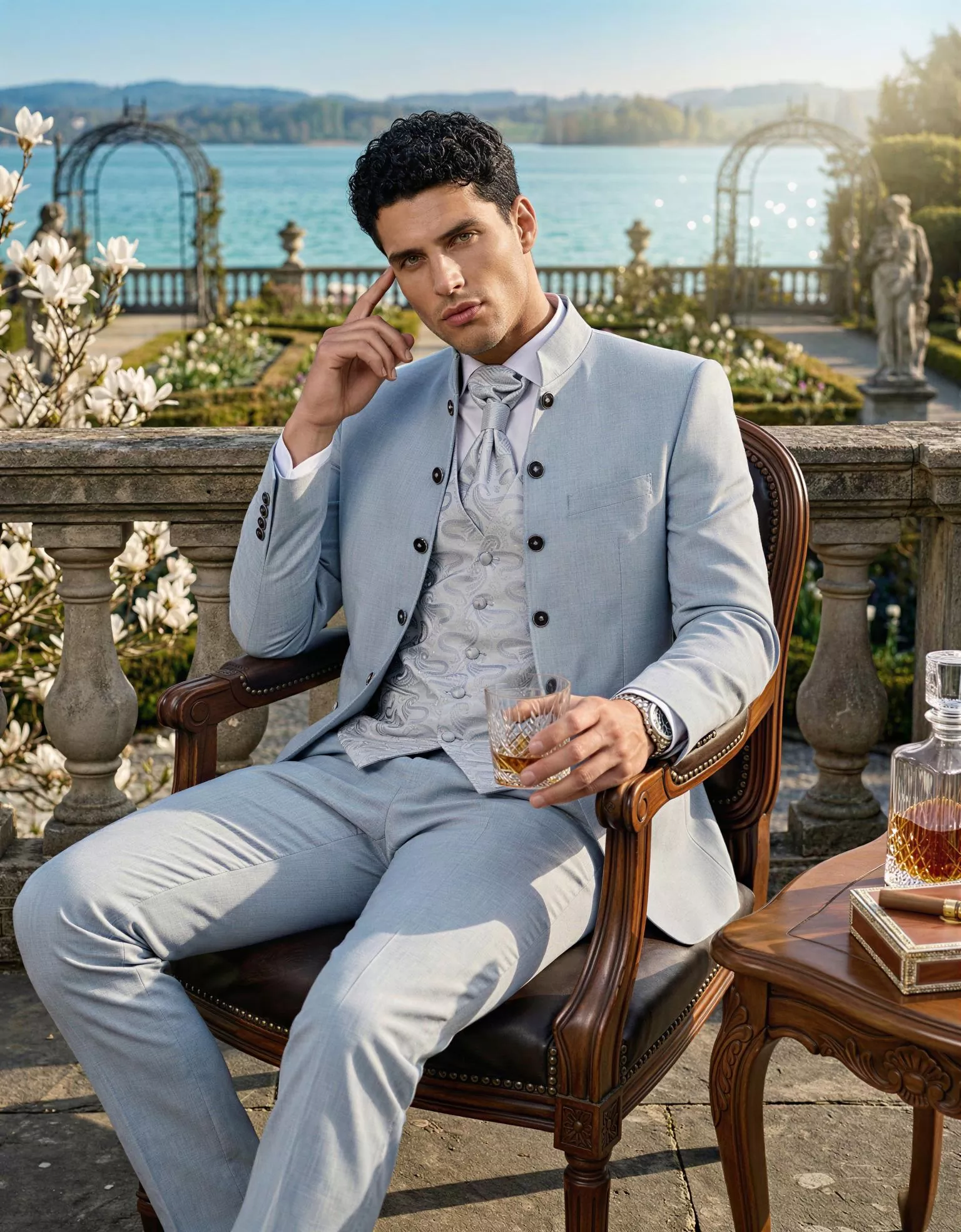 Traje de novio Percival, pose coctel, color azul celeste ,cuello mao, Atelier Masculini