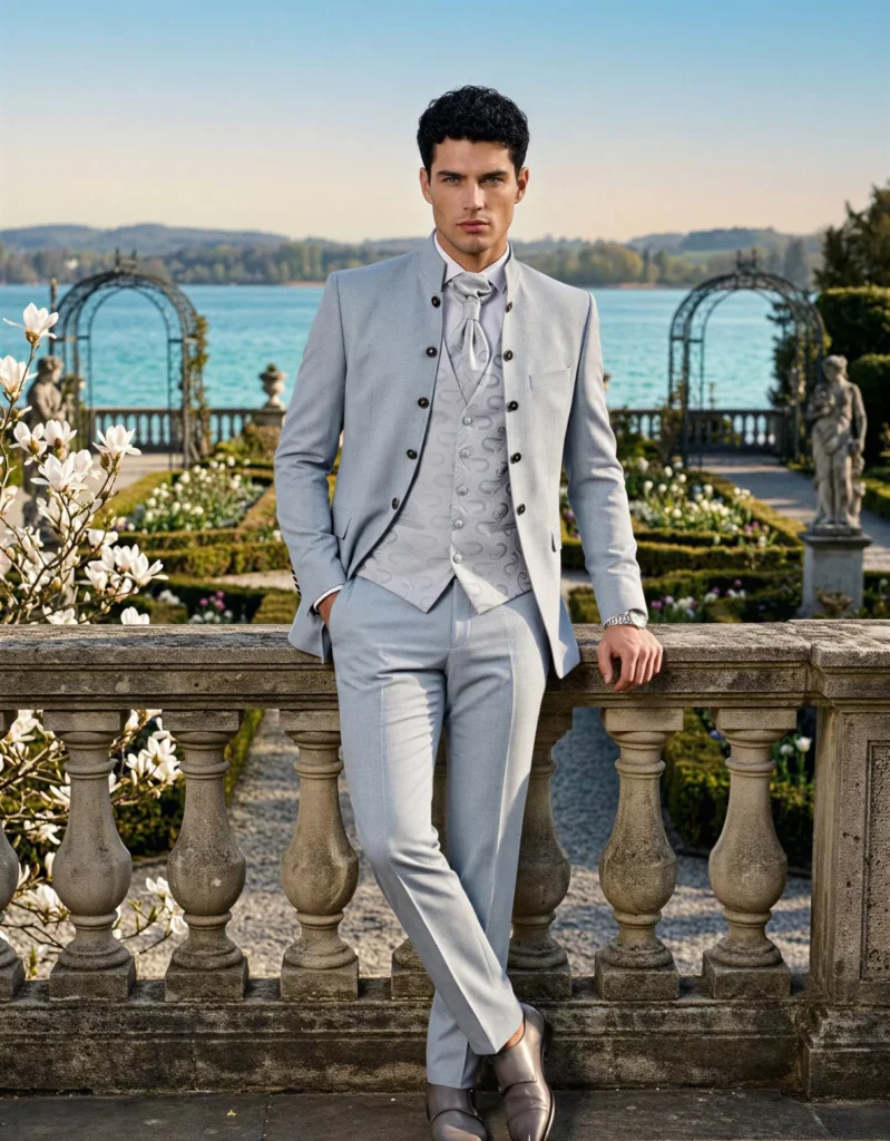 Traje de novio Percival, pose frontal, color azul celeste ,cuello mao, Atelier Masculini