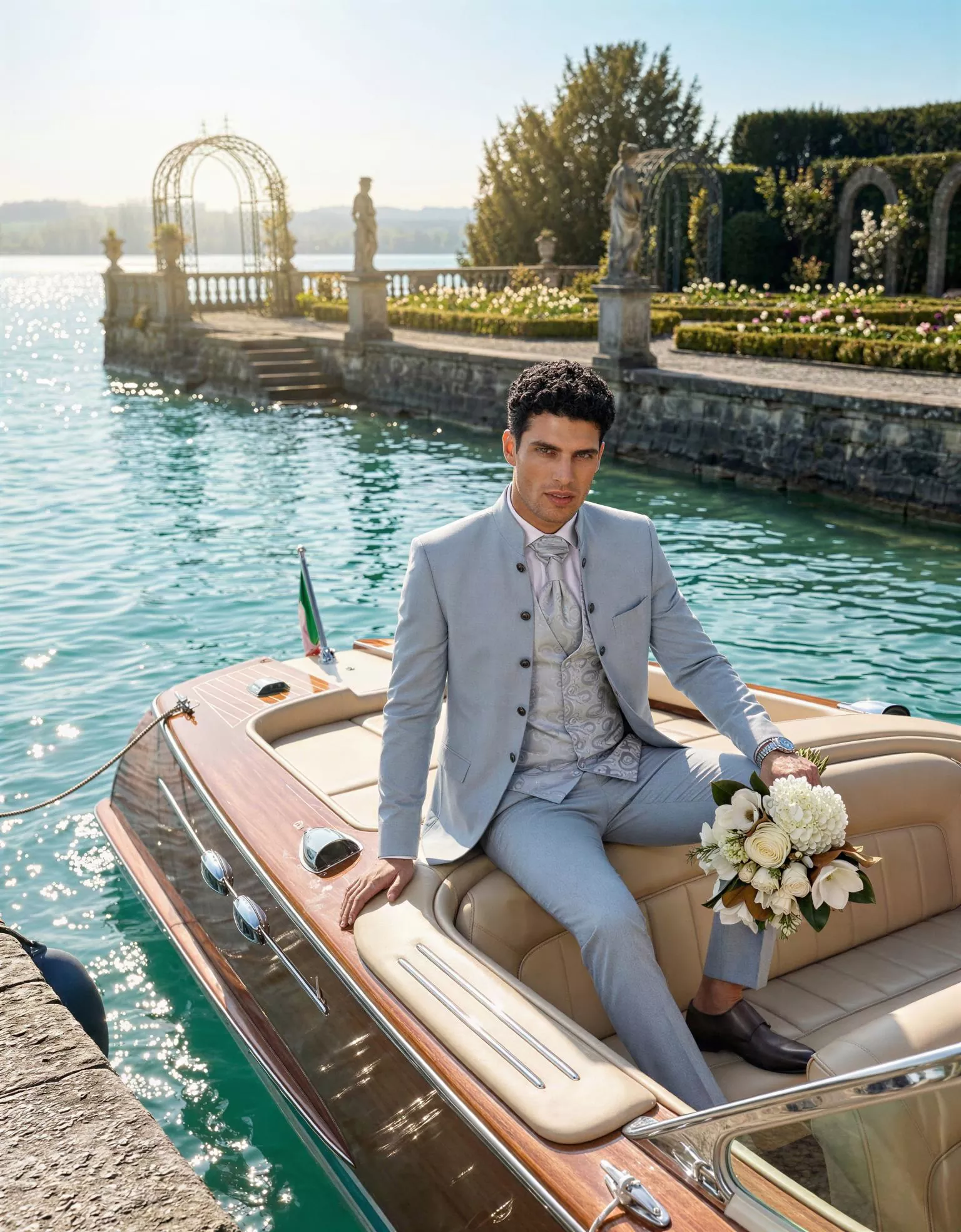 Traje de novio Percival, pose lancha, color azul celeste ,cuello mao, Atelier Masculini