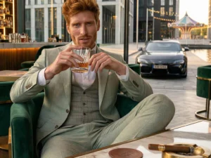 Traje de novio Petros, pose cóctel, color verde, clásico, Atelier Masculini