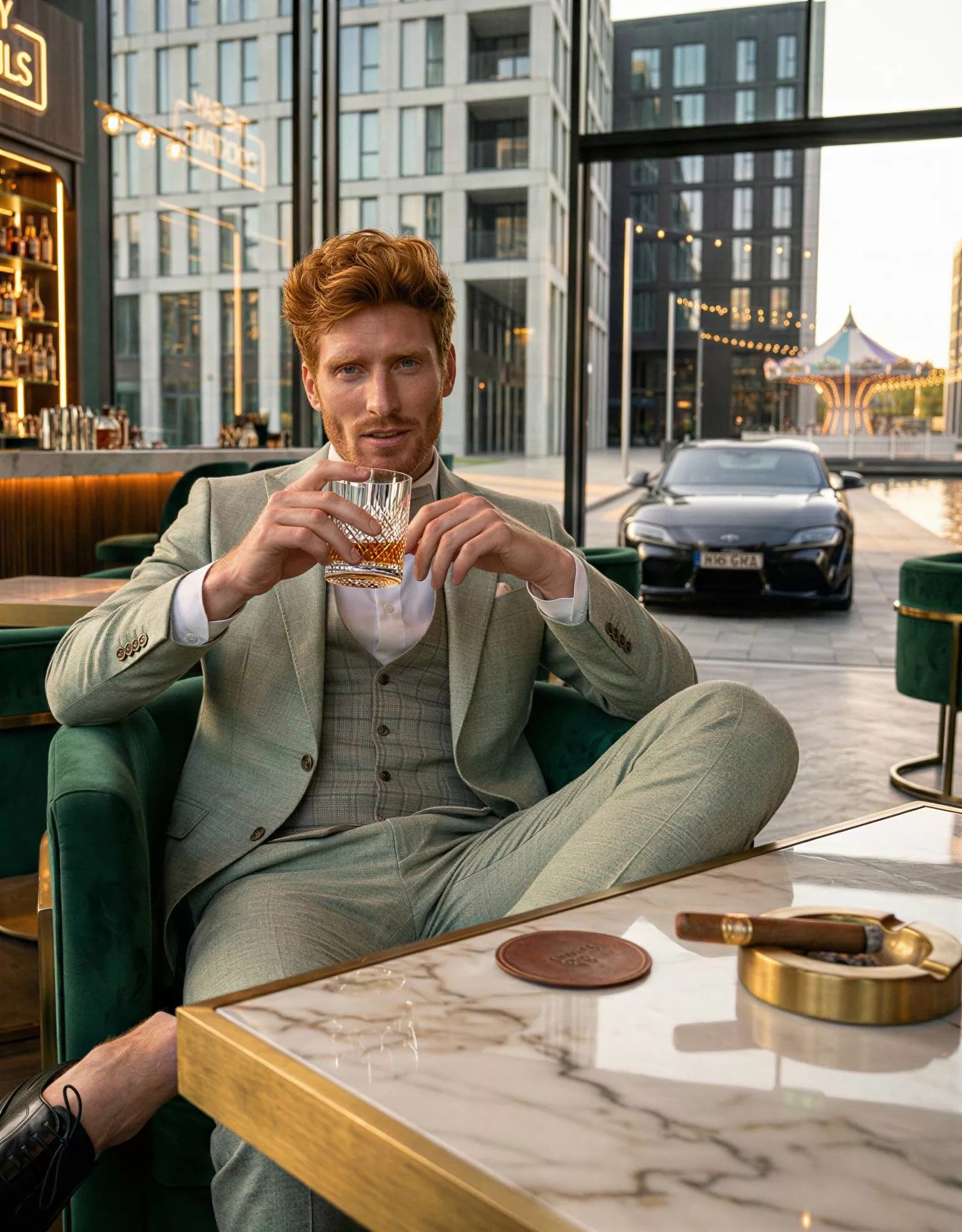 Traje de novio Petros, pose cóctel, color verde, clásico, Atelier Masculini