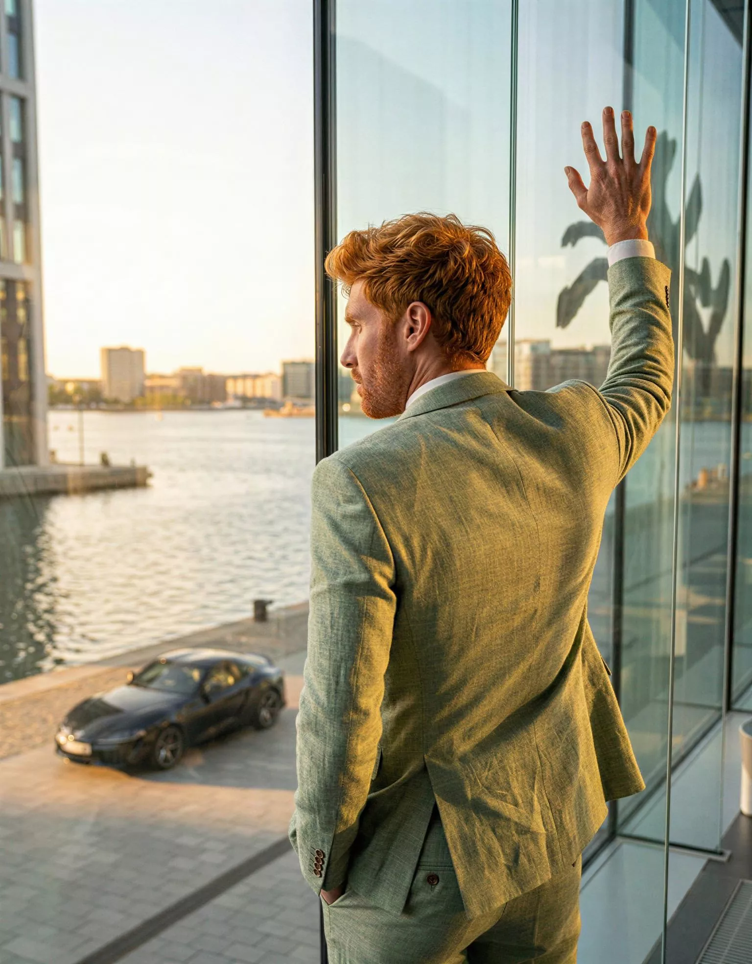 Traje de novio Petros, pose espalda, color verde, clásico, Atelier Masculini