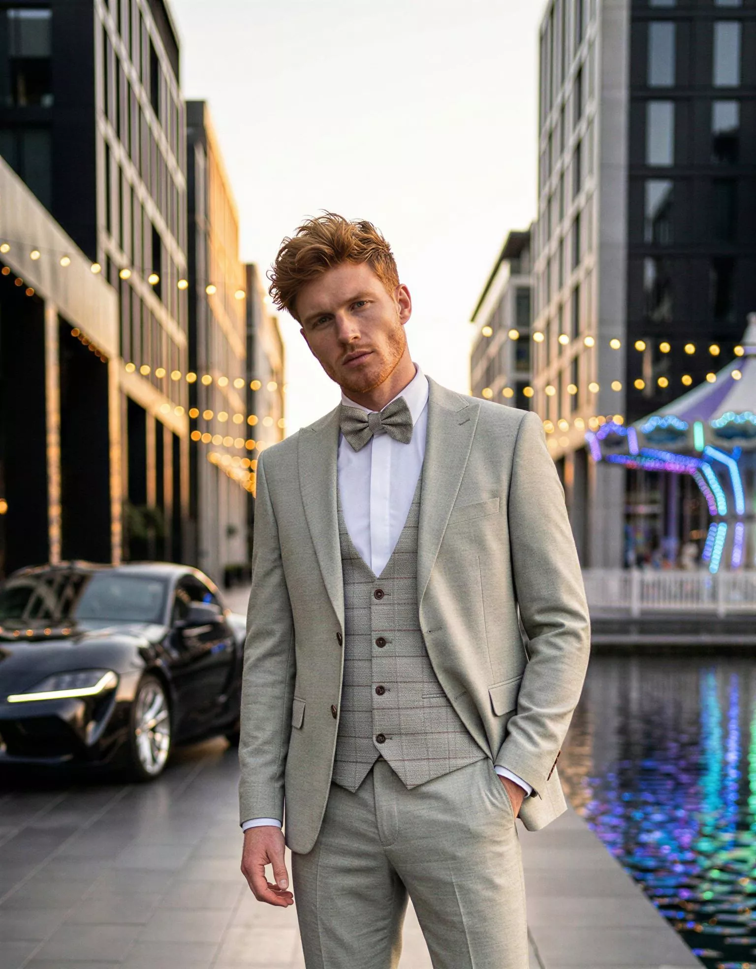 Traje de novio Petros, pose frontal detalle, color verde, clásico, Atelier Masculini