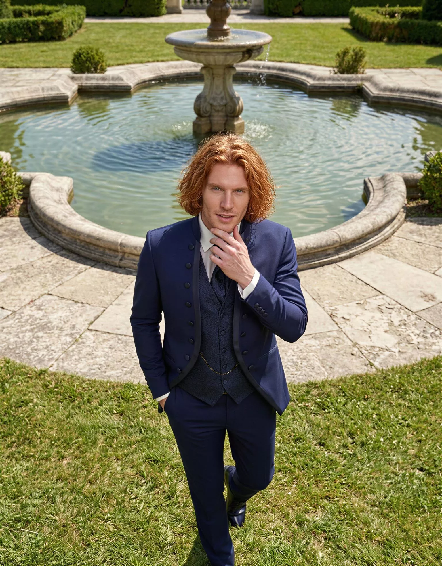 Traje de novio Ptah, pose cenital, color azul, cuello mao de ceremonia, doble botonera, Atelier Masculini