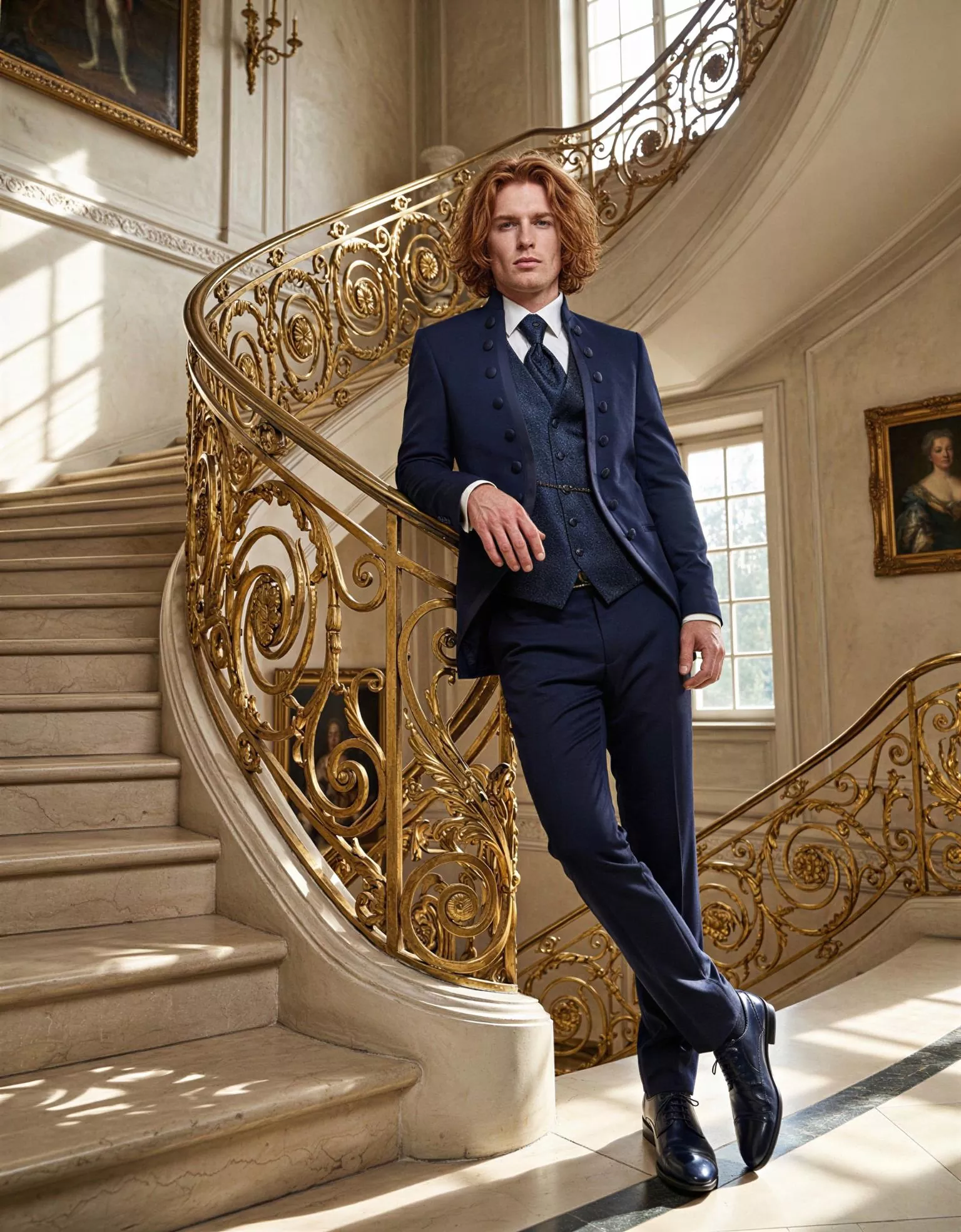 Traje de novio Ptah, pose escalera, color azul, cuello mao de ceremonia, doble botonera, Atelier Masculini