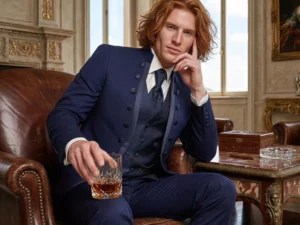 Traje de novio Ptah, pose sentado, color azul, cuello mao de ceremonia, doble botonera, Atelier Masculini