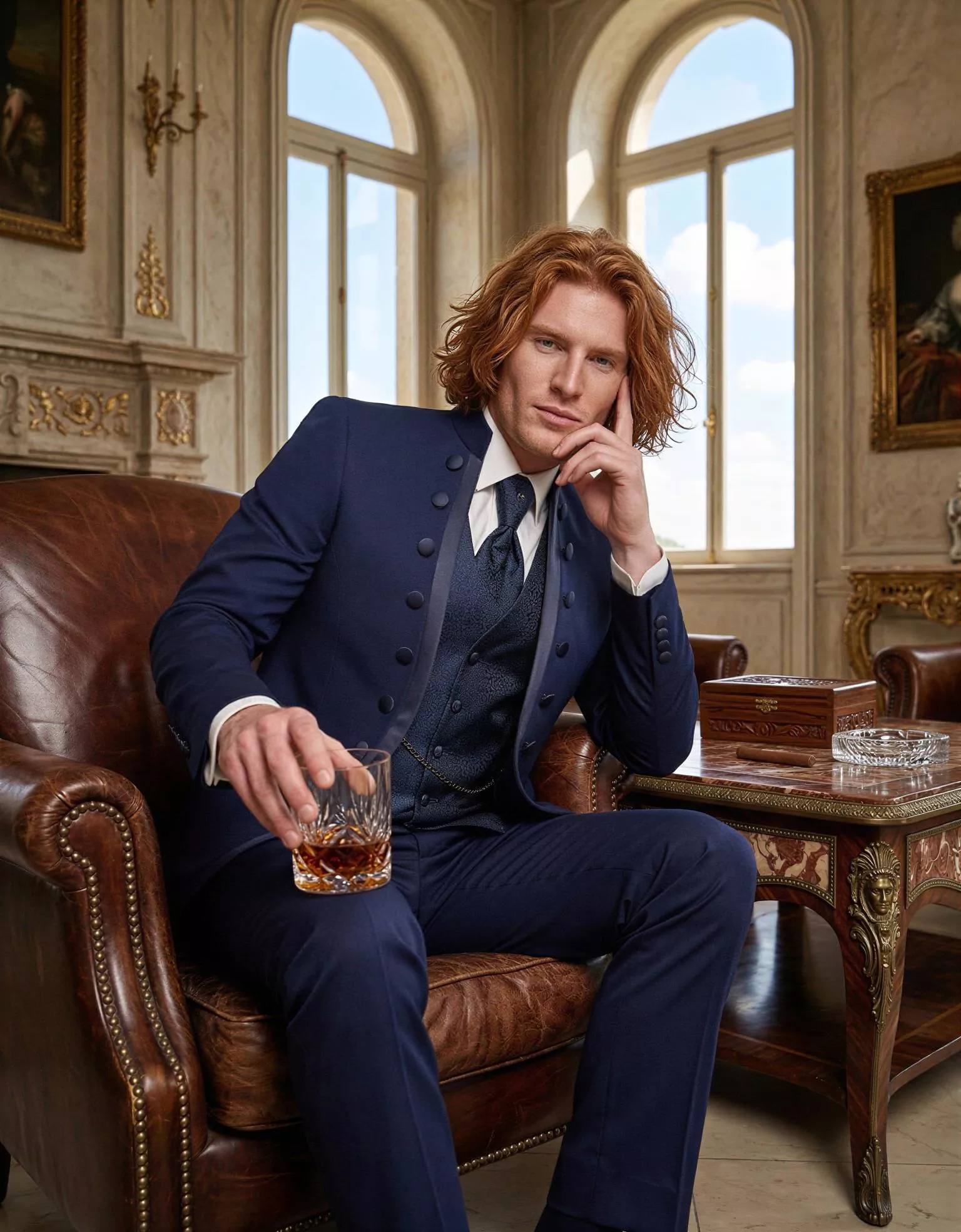 Traje de novio Ptah, pose sentado, color azul, cuello mao de ceremonia, doble botonera, Atelier Masculini