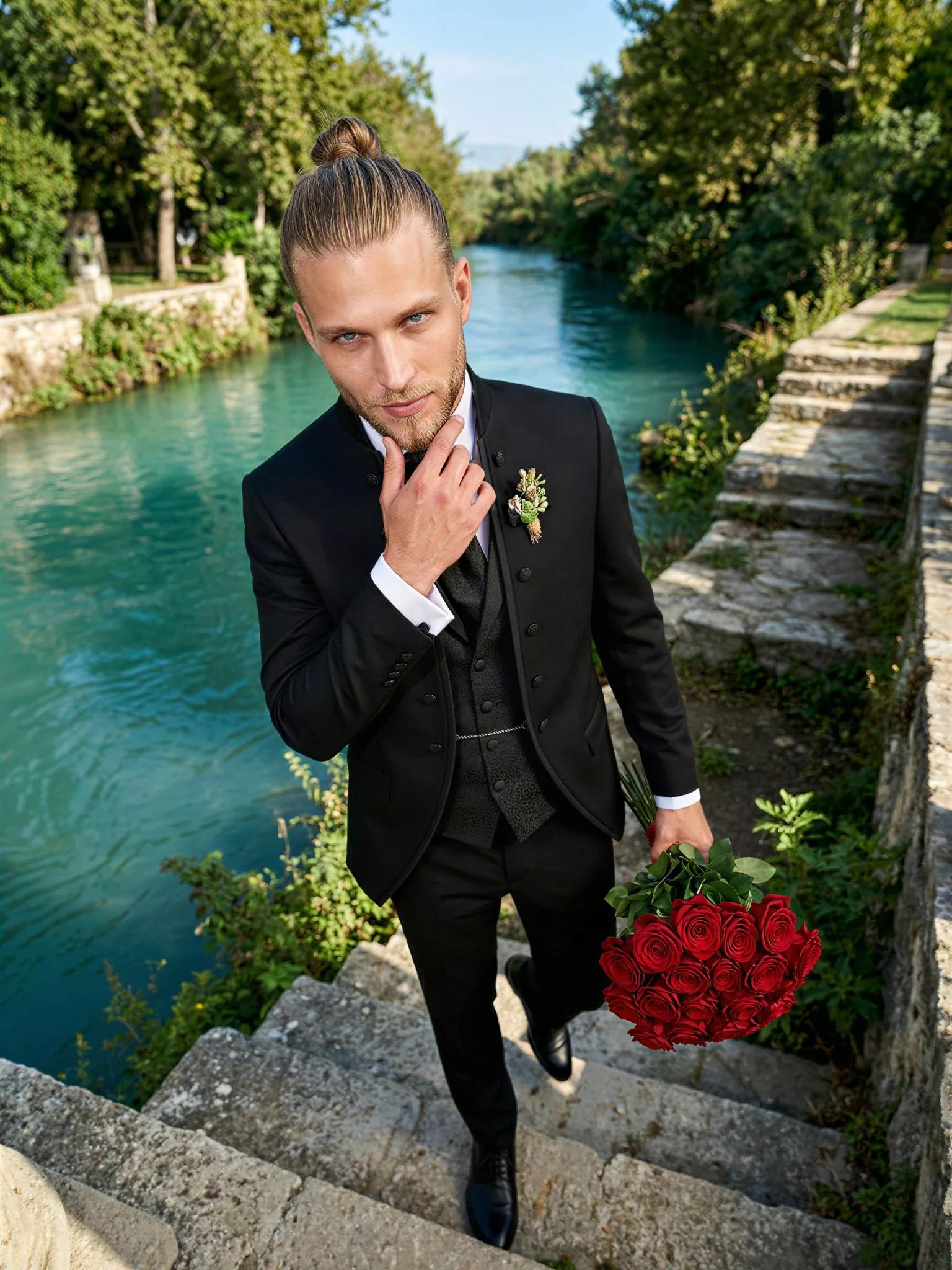 Traje de novio Ra, pose cenital, color negro, cuello mao con doble botonera de ceremonia, Atelier Masculini