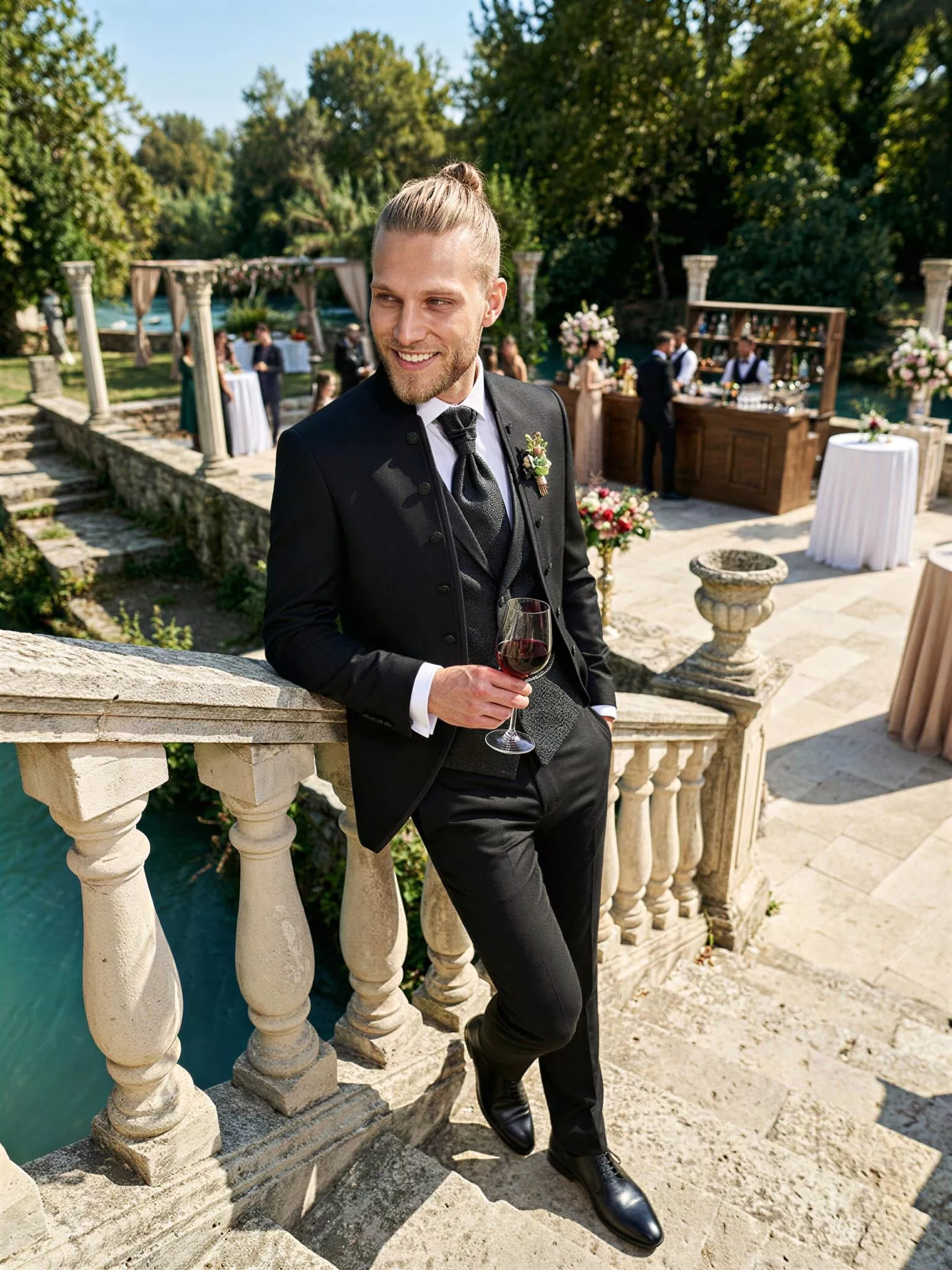 Traje de novio Ra, pose escalera, color negro, cuello mao con doble botonera de ceremonia, Atelier Masculini