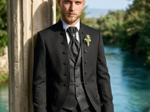 Traje de novio Ra, pose frontal, color negro, cuello mao con doble botonera de ceremonia, Atelier Masculini