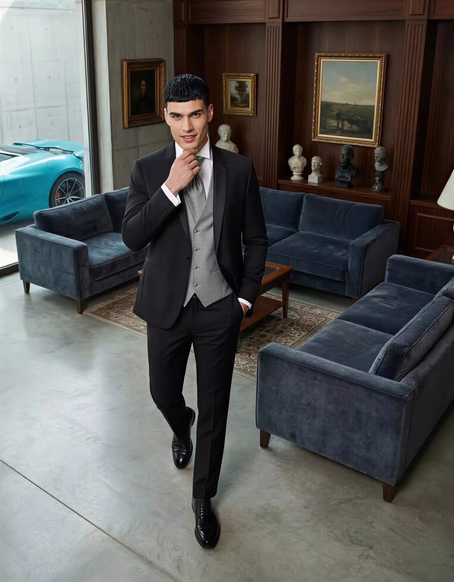 Traje de novio Raijin, pose cenital, color negro, solapa de muesca, ceremonia, Atelier Masculini