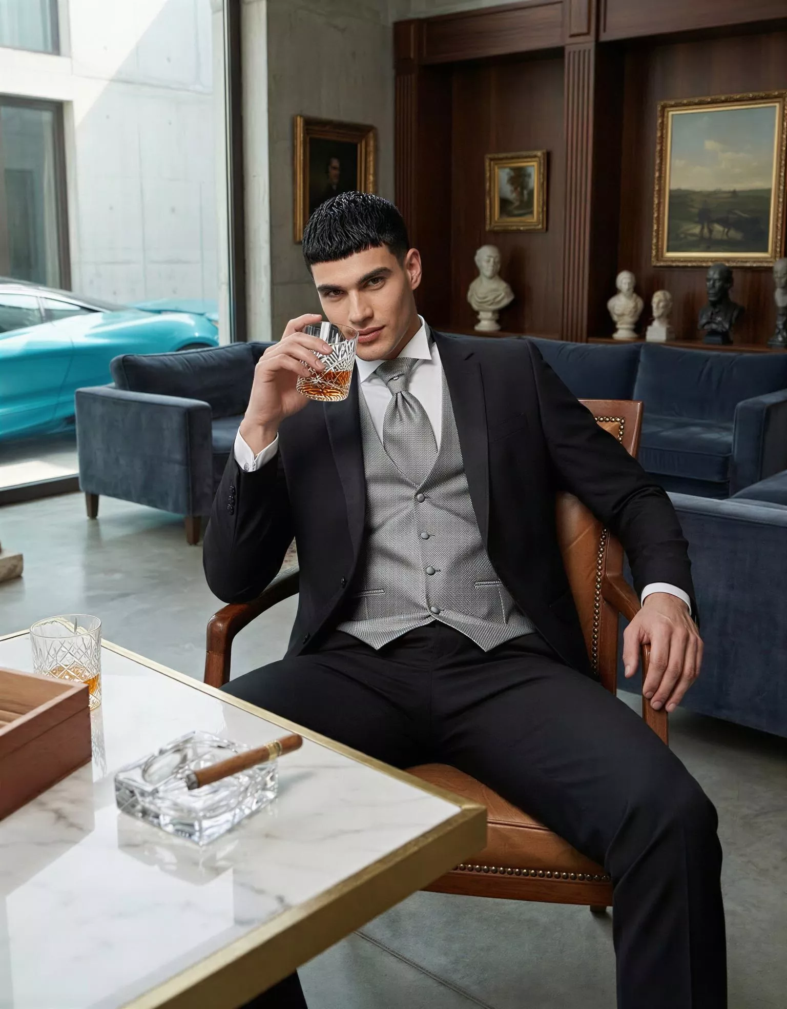 Traje de novio Raijin, pose coctel, color negro, solapa de muesca, ceremonia, Atelier Masculini