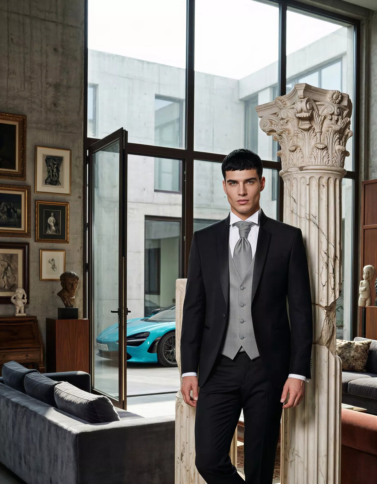 Traje de novio Raijin, pose frontal, color negro, solapa de muesca, ceremonia, Atelier Masculini