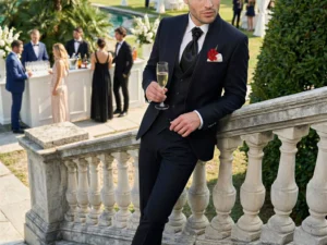 Traje de novio Ranofer, pose escalera, color negro, cuello mao, Atelier Masculini