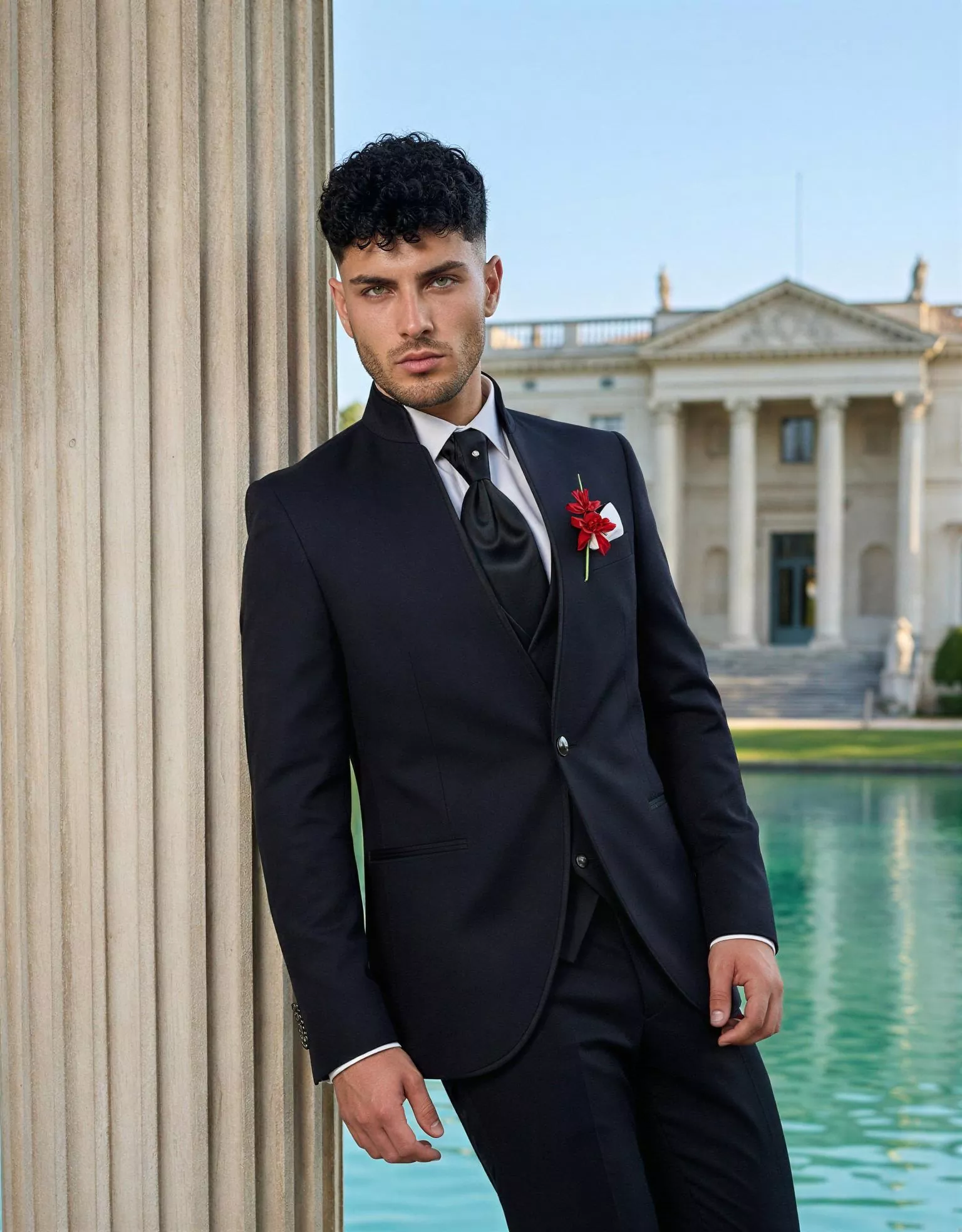 Traje de novio Ranofer, pose frontal, color negro, cuello mao, Atelier Masculini