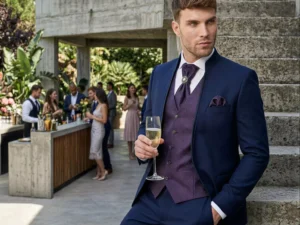 Traje de novio Rene, pose escalera, color azul marino, cuello mao de ceremonia, Atelier Masculini