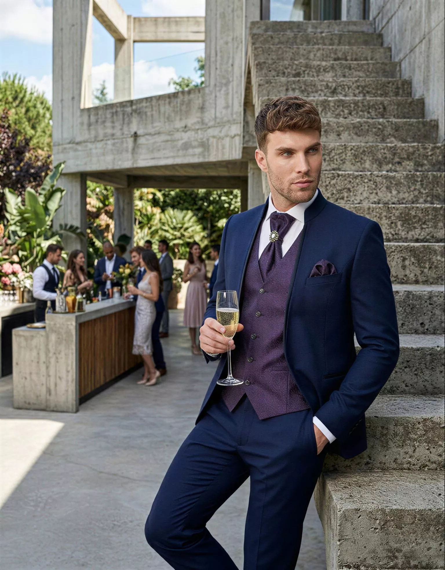 Traje de novio Rene, pose escalera, color azul marino, cuello mao de ceremonia, Atelier Masculini